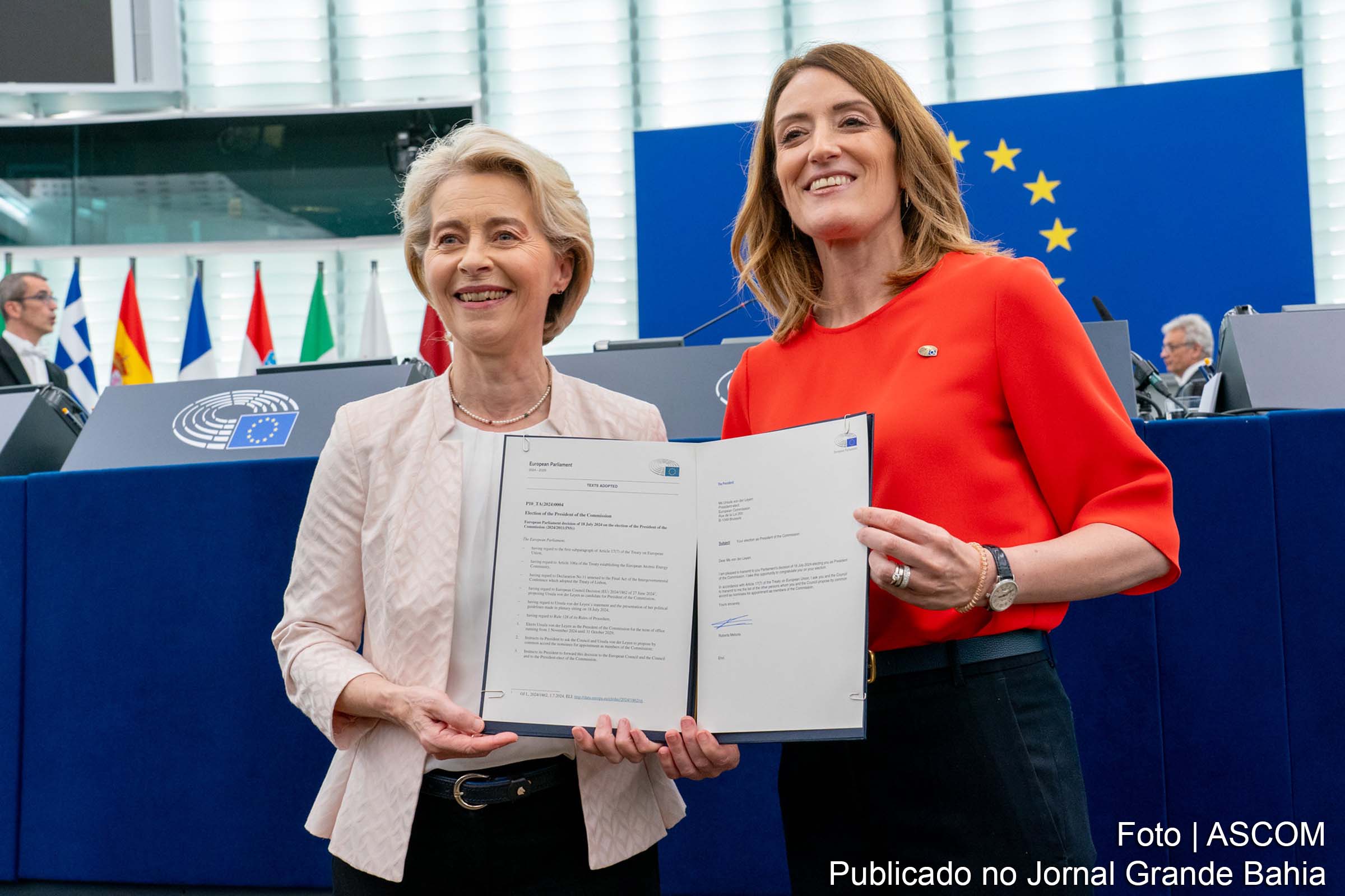Parlamento Europeu concede a Ursula von der Leyen um segundo mandato como presidente da Comissão Europeia em meio a desafios econômicos e políticos.