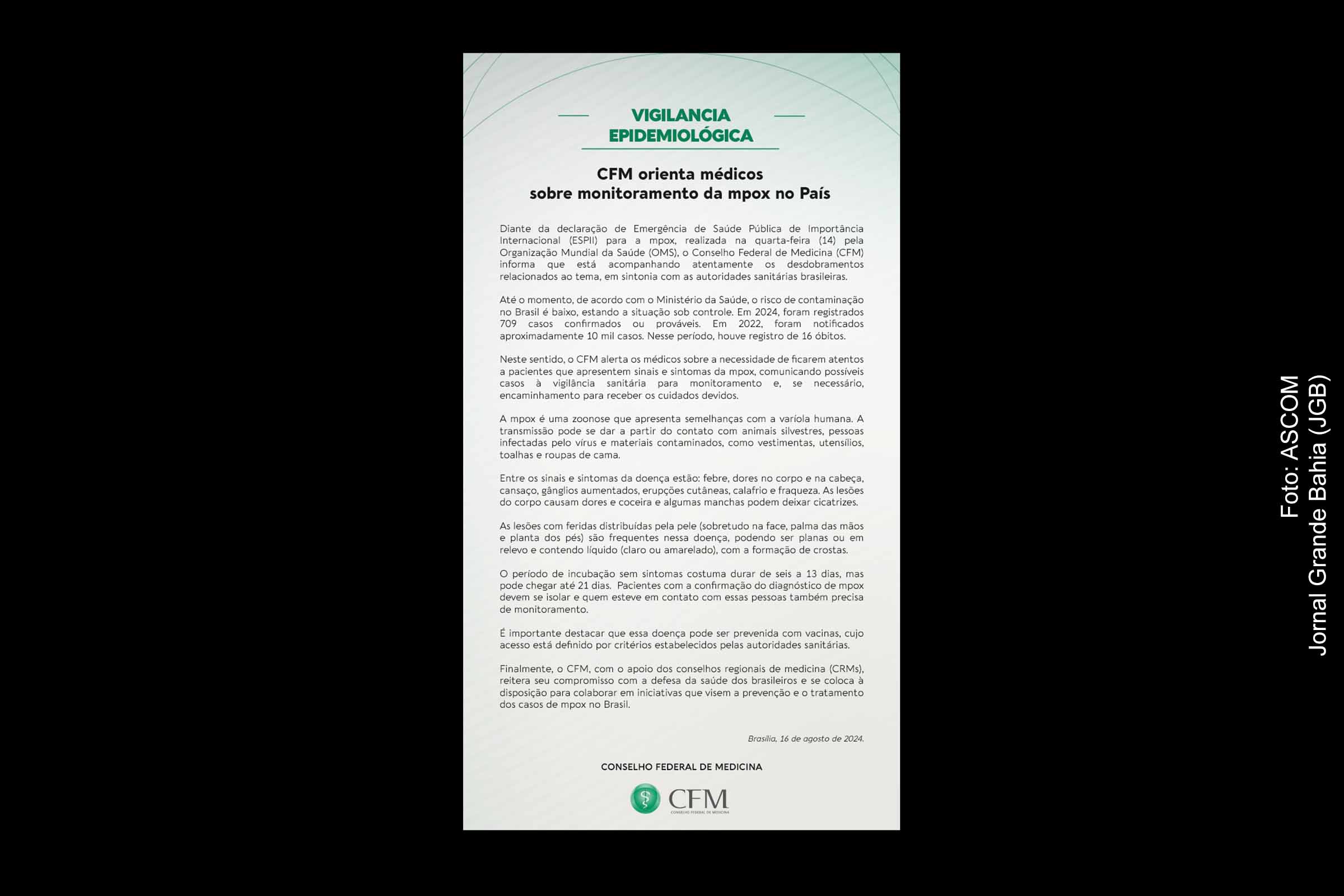 Conselho Federal de Medicina alerta médicos para monitoramento da Mpox