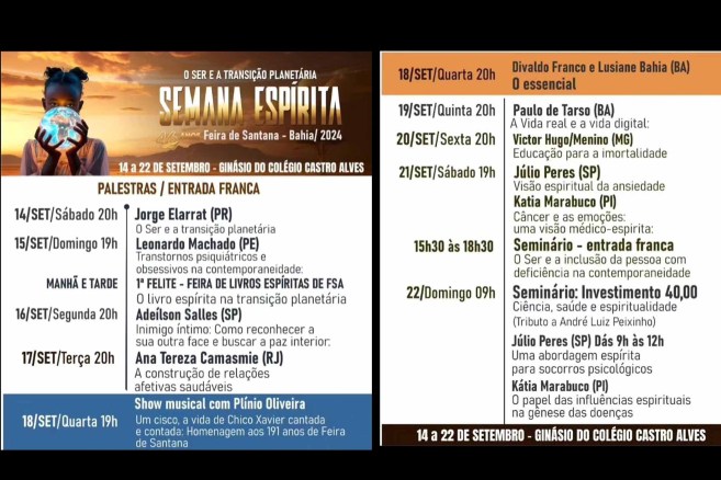 Divaldo Franco, renomado palestrante espírita, será um dos principais destaques da 46ª Semana Espírita de Feira de Santana, evento que ocorrerá entre os dias 14 e 22 de setembro de 2024.