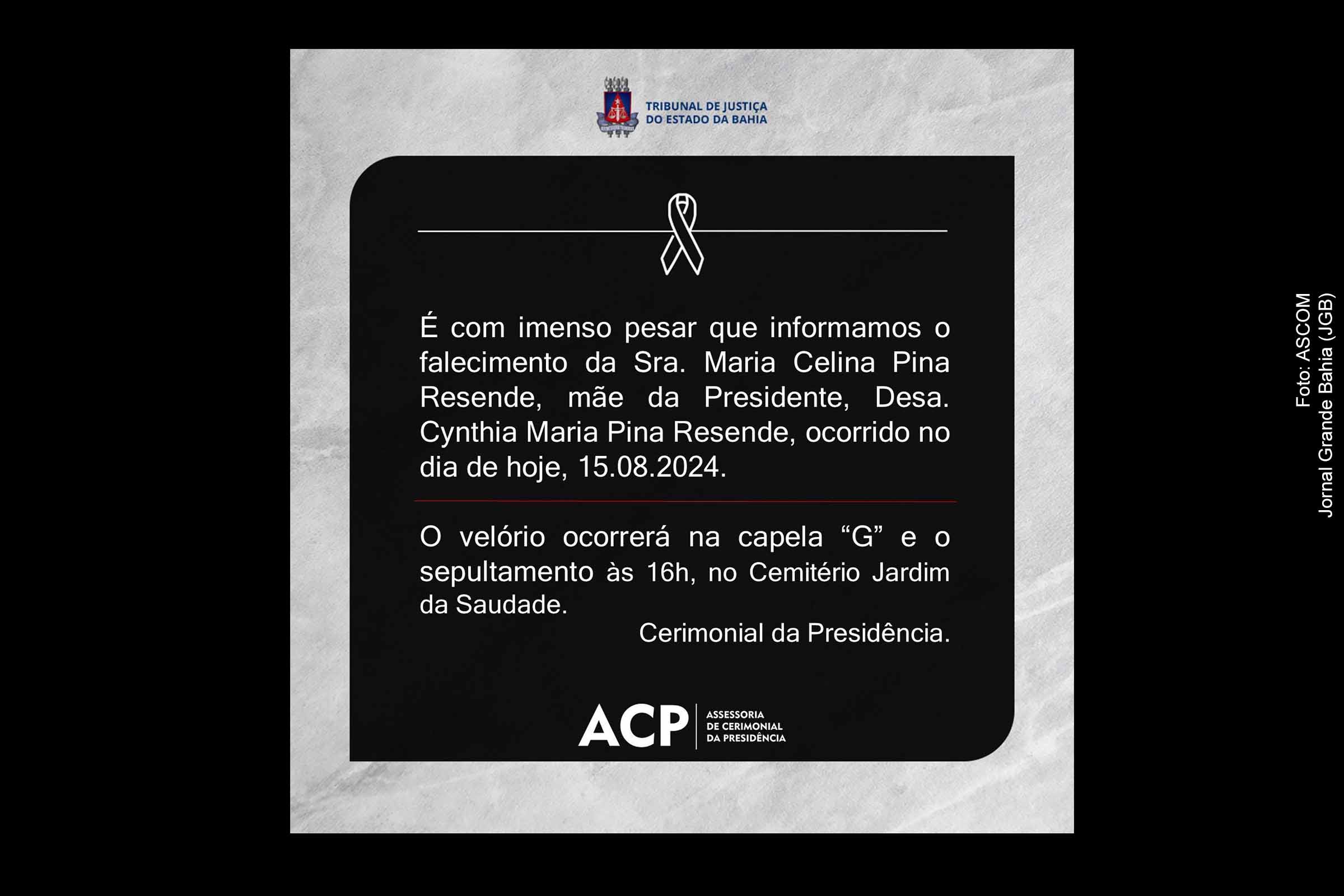 Falecimento de Maria Celina Pina Resende, mãe da presidente do TJBA, é lamentado por membros do Judiciário