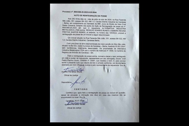 Ação de reintegração de posse envolvendo a Alternativa Indústria Metalúrgica LTDA e Regildo Soares Nunes e Sandra Regina Freitas Santos Nunes é executada em Candeias, Bahia