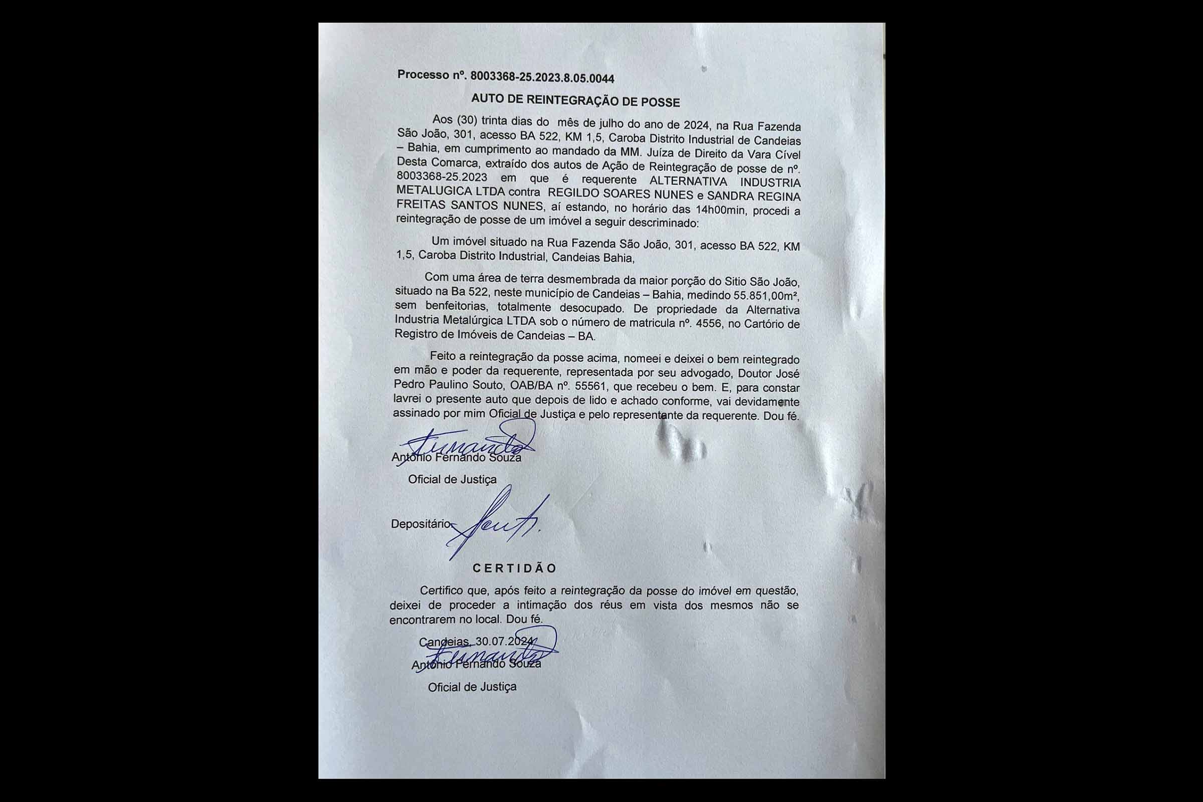 Ação de reintegração de posse envolvendo a Alternativa Indústria Metalúrgica LTDA e Regildo Soares Nunes e Sandra Regina Freitas Santos Nunes é executada em Candeias, Bahia