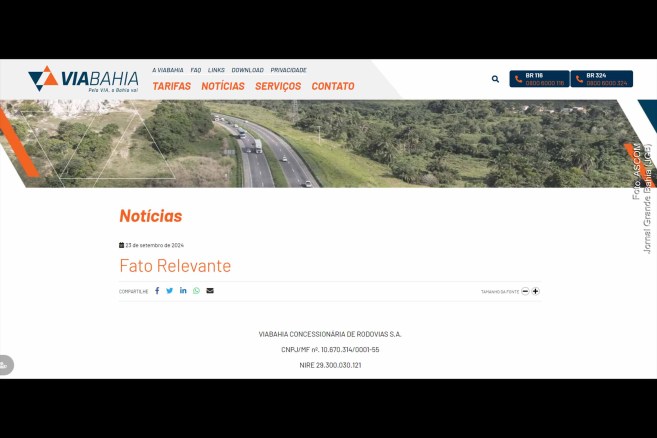Rodovia administrada pela ViaBahia, cuja operação será devolvida ao governo Lula até o final de 2024, após acordo com a concessionária.