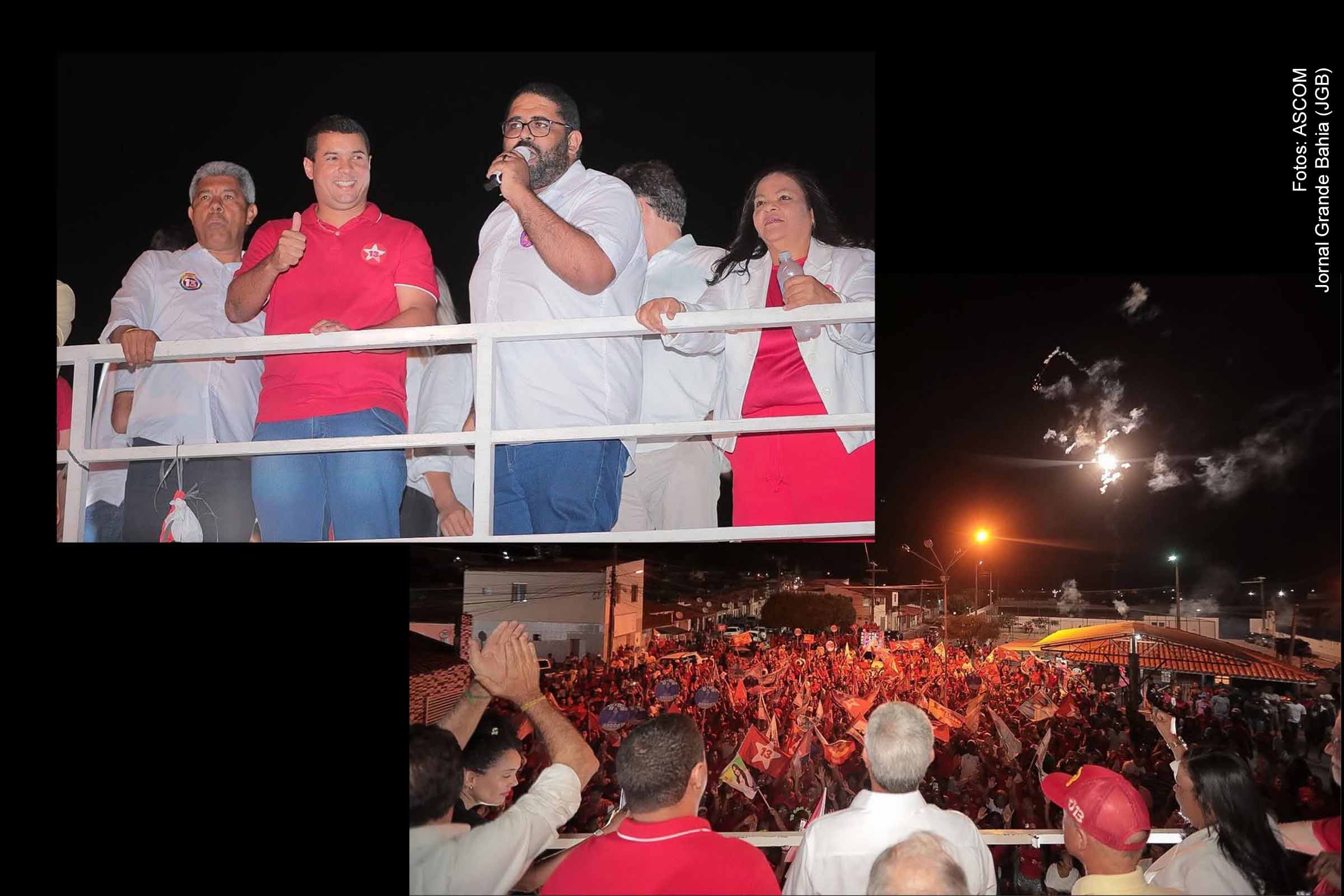Governador Jerônimo Rodrigues ao lado de Felipe Freitas e Leila da Saúde discursam em apoio à candidatura de Zé Luiz para prefeito de Tanquinho.
