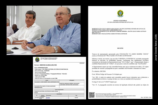 Justiça Eleitoral garante ao candidato Zé Neto (PT) o direito de utilizar ligação política e administrativa entre José Ronaldo (União Brasil) e Colbert Martins (MDB) em abordagem crítica sobre gestão de Feira de Santana durante a propaganda eleitoral.