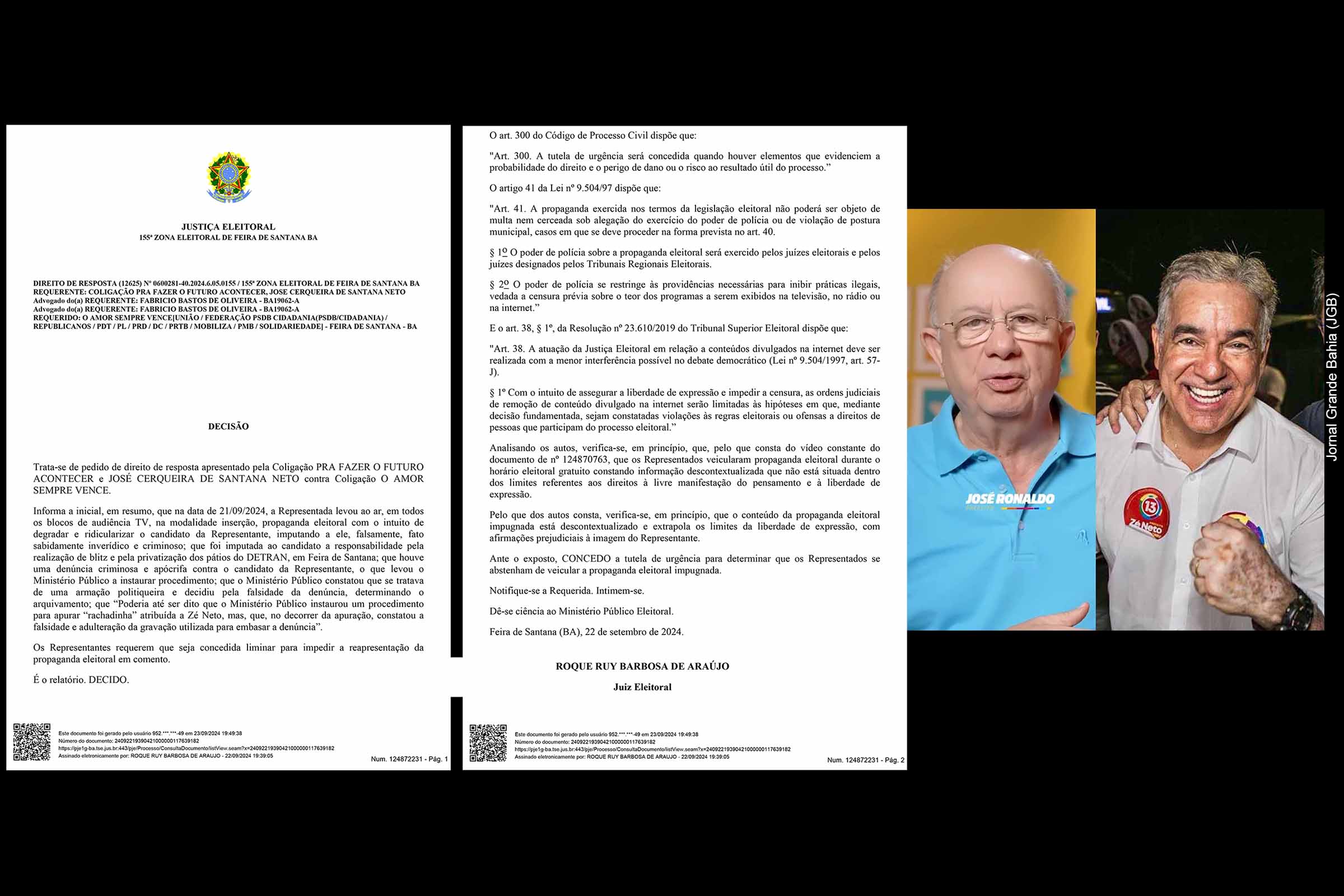 Justiça Eleitoral suspende propaganda de José Ronaldo por divulgação de informações falsas contra Zé Neto na disputa para prefeito de Feira de Santana