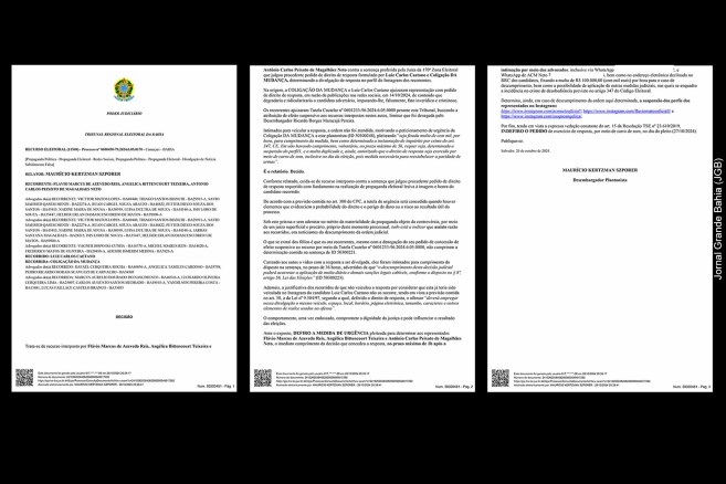 Sob pena de multa diária, o TRE Bahia emitiu decisão contra ACM Neto (UB), Flávio Matos (UB) e Angélica Teixeira (UB) exigindo o cumprimento imediato do direito de resposta ao candidato a prefeito de Camaçari Luiz Caetano (PT).