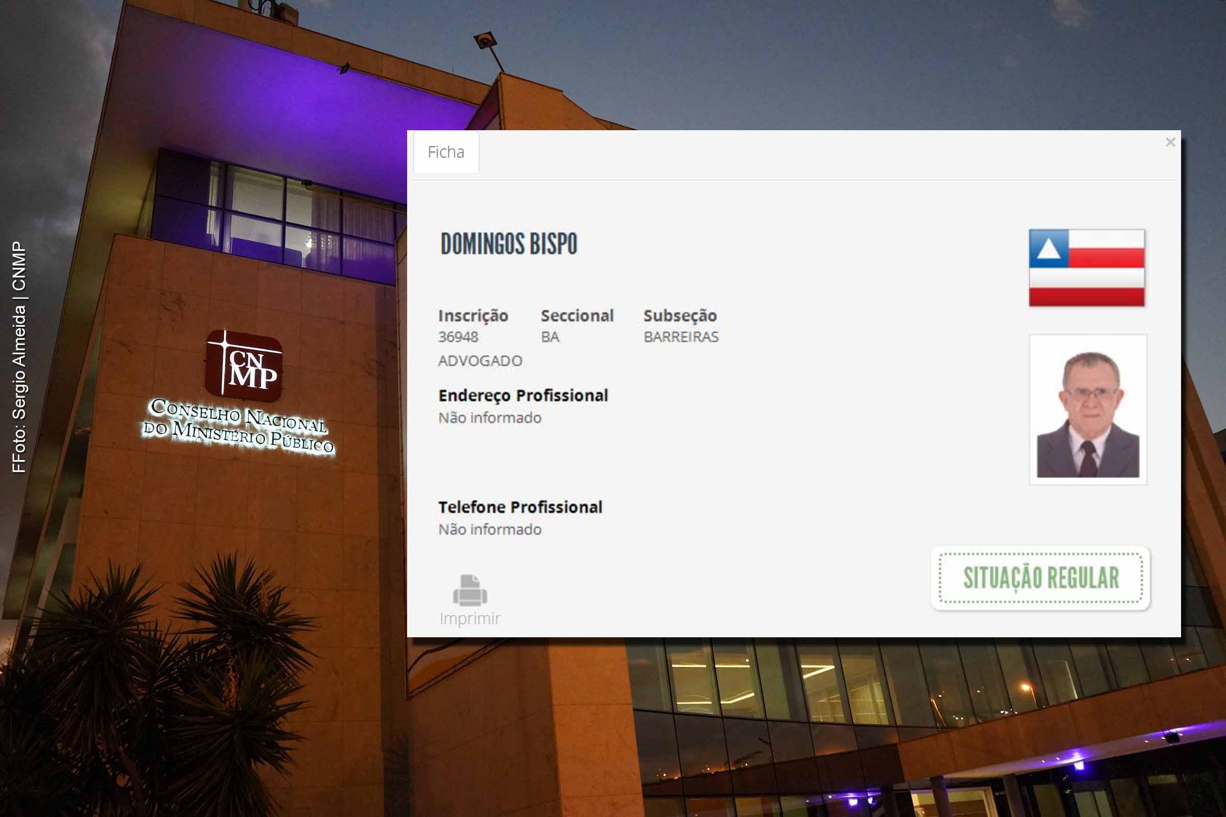 O advogado Domingos Bispo formaliza denúncia no CNMP, acusando promotor de Justiça de conduta omissiva em processo judicial vinculado à Operação Faroeste, que apura casos de corrupção e grilagem de terras na Bahia. Caso envolve as terras da antiga Fazenda São José, em Formosa do Rio Preto.