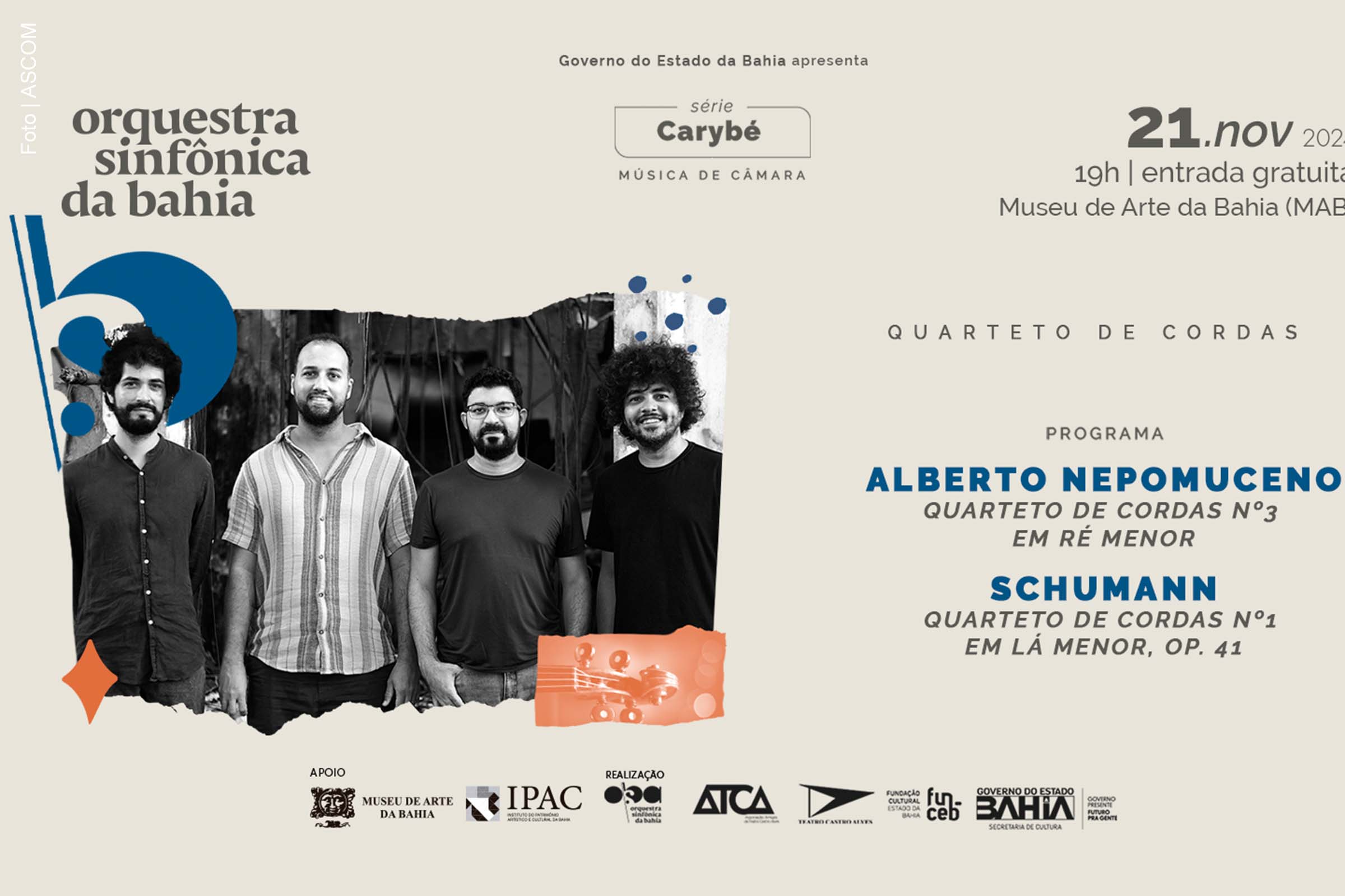 Salvador: OSBA apresenta concerto gratuito do Quarteto de Cordas no Museu de Arte da Bahia