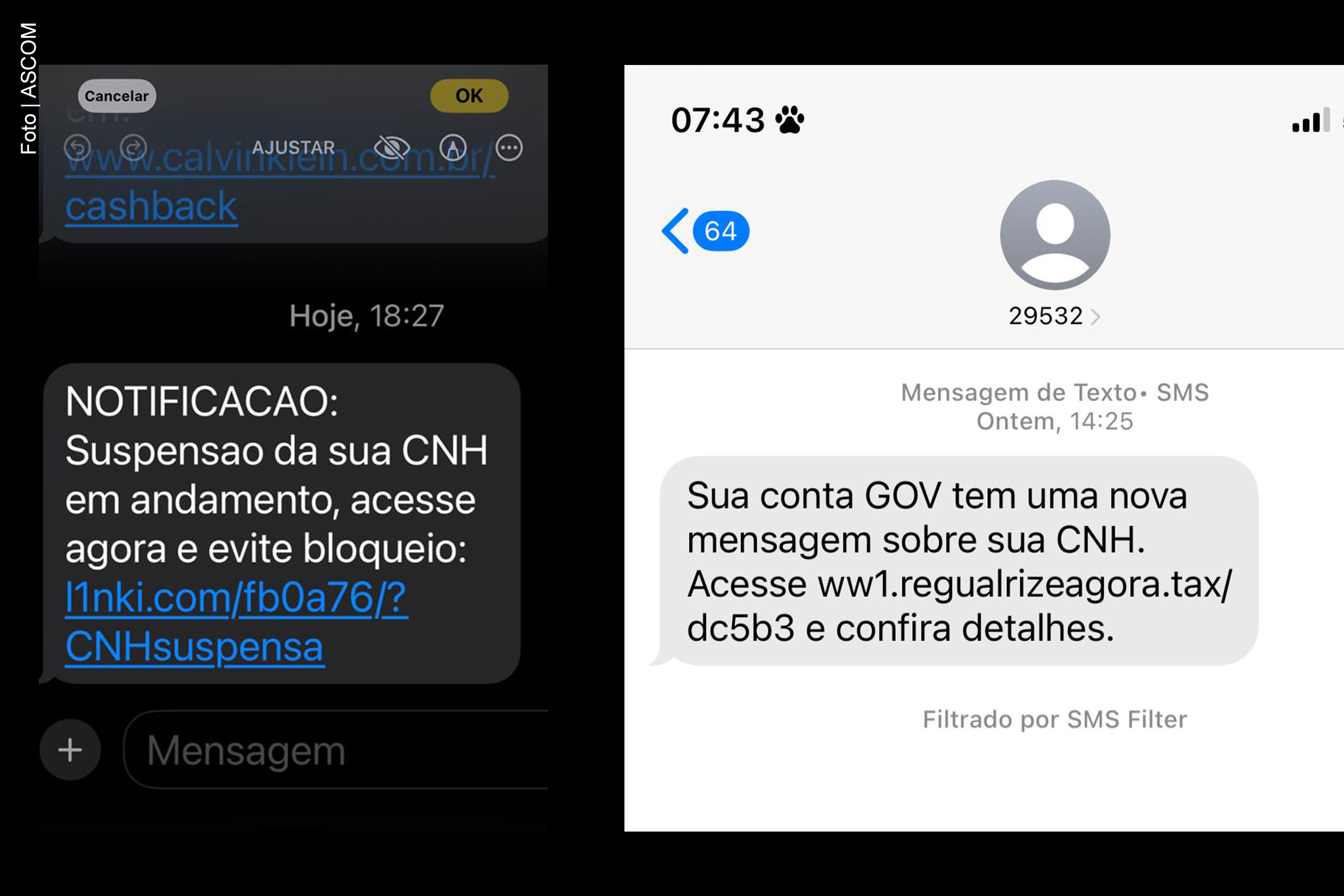 Mensagens falsas sobre suspensão ou cassação de CNH são enviadas por golpistas e simulam comunicações oficiais dos Detrans.