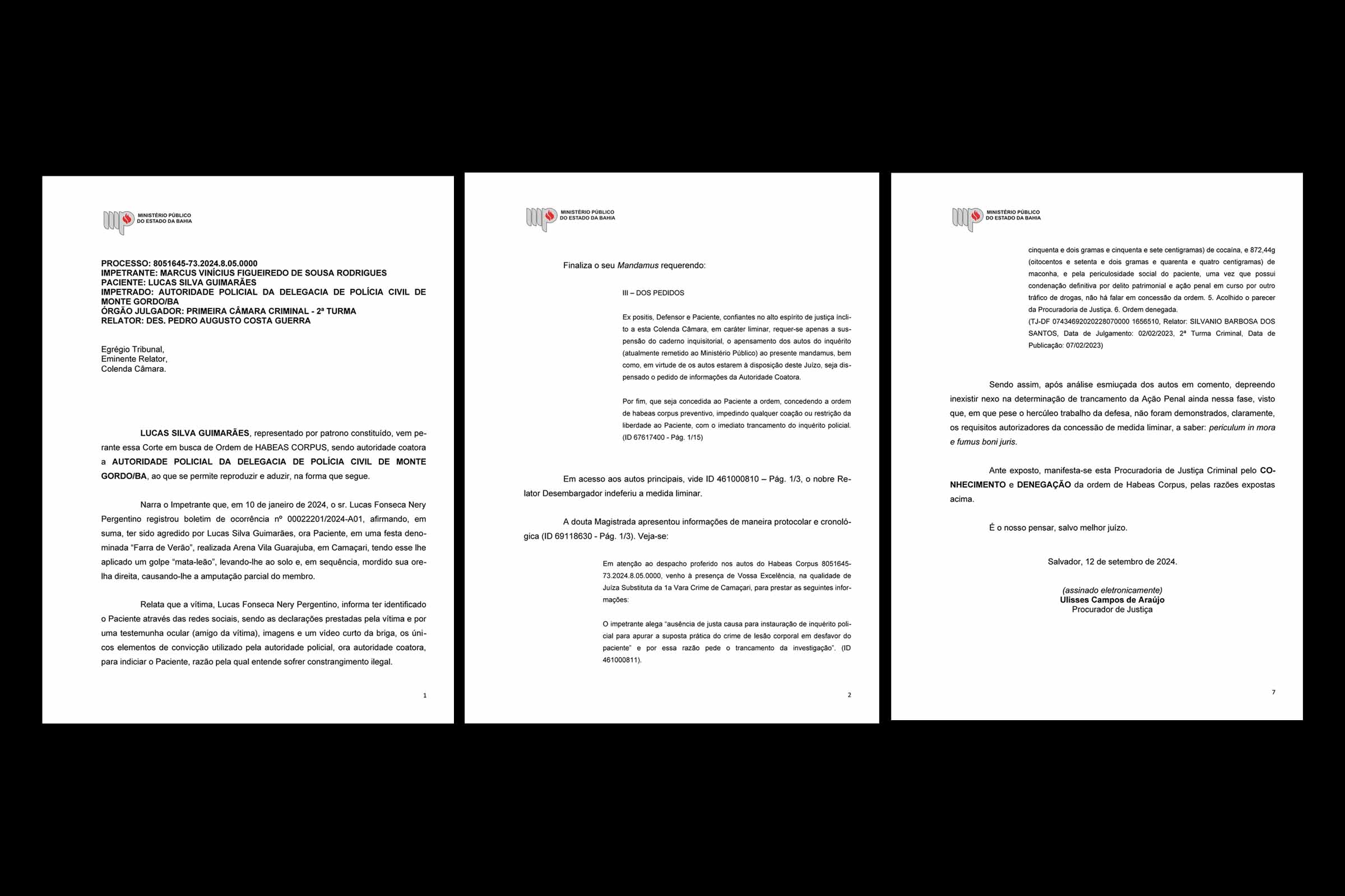 Advogado Murillo Santana destaca parecer do MPBA no caso da suposta agressão do estudante de medicina Lucas Silva Guimarães com lesão grave provocada no engenheiro Lucas Pergentino