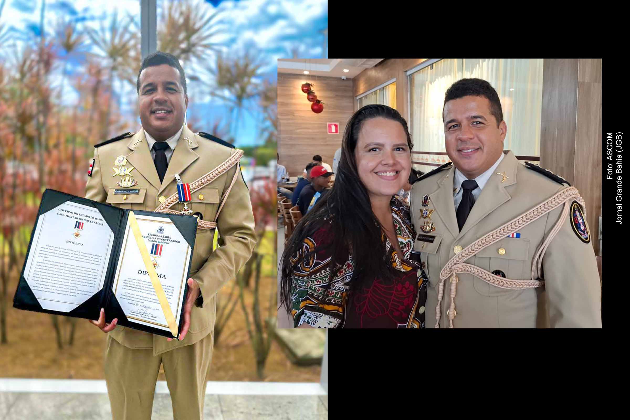 Capitão Juvenal Sampaio ao lado de sua esposa, Camila Sampaio, comemoram homenagem recebida.