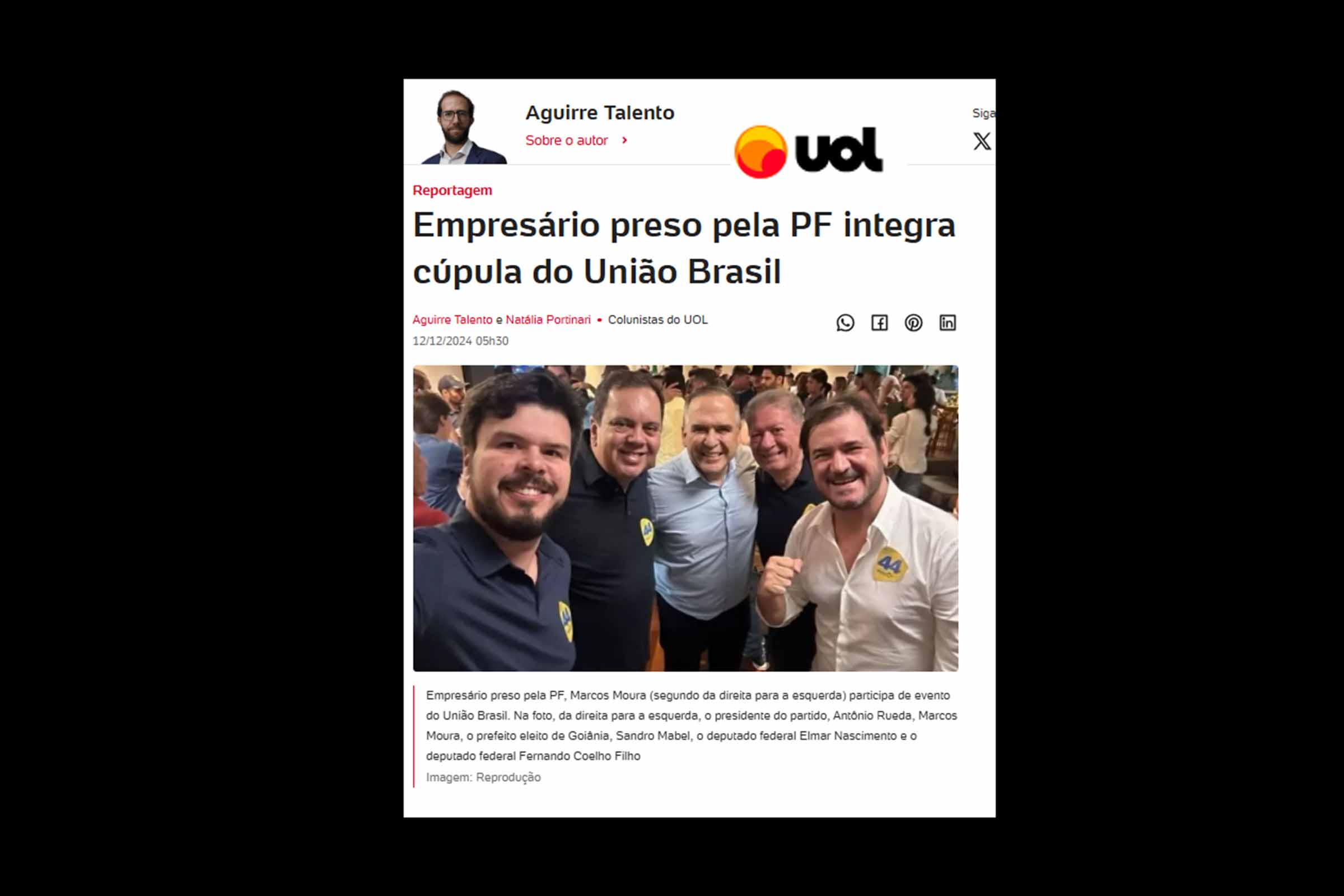 Empresário Marcos Moura (quarto da esquerda para direita) durante evento do União Brasil ao lado de lideranças do partido, como o presidente Antônio Rueda e os deputados Elmar Nascimento e Fernando Coelho Filho.