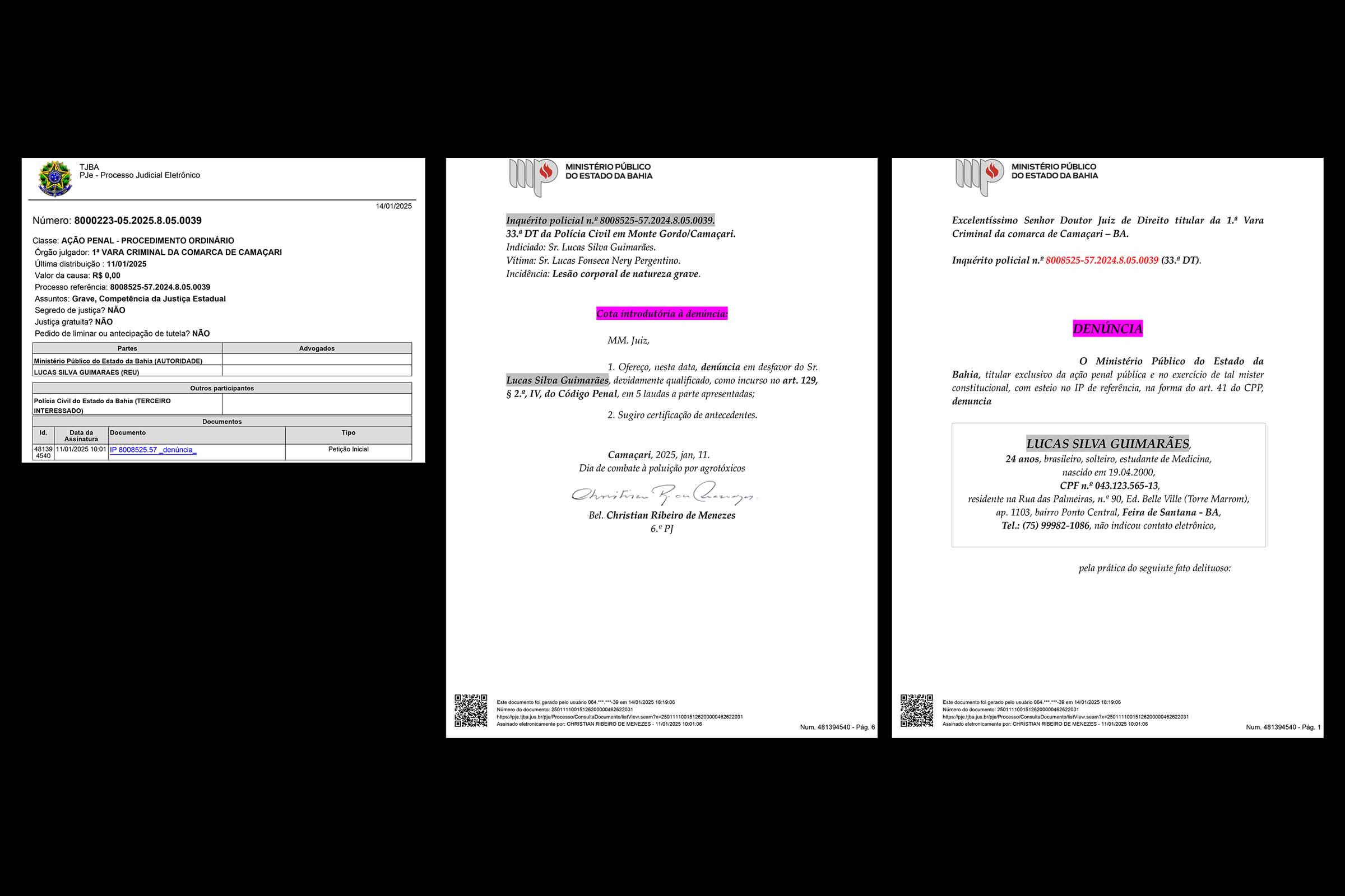 MPBA denuncia estudante de medicina Lucas Silva Guimarães por lesão grave em Lucas Pergentino; Processo tramita na 1ª Vara Criminal de Camaçari