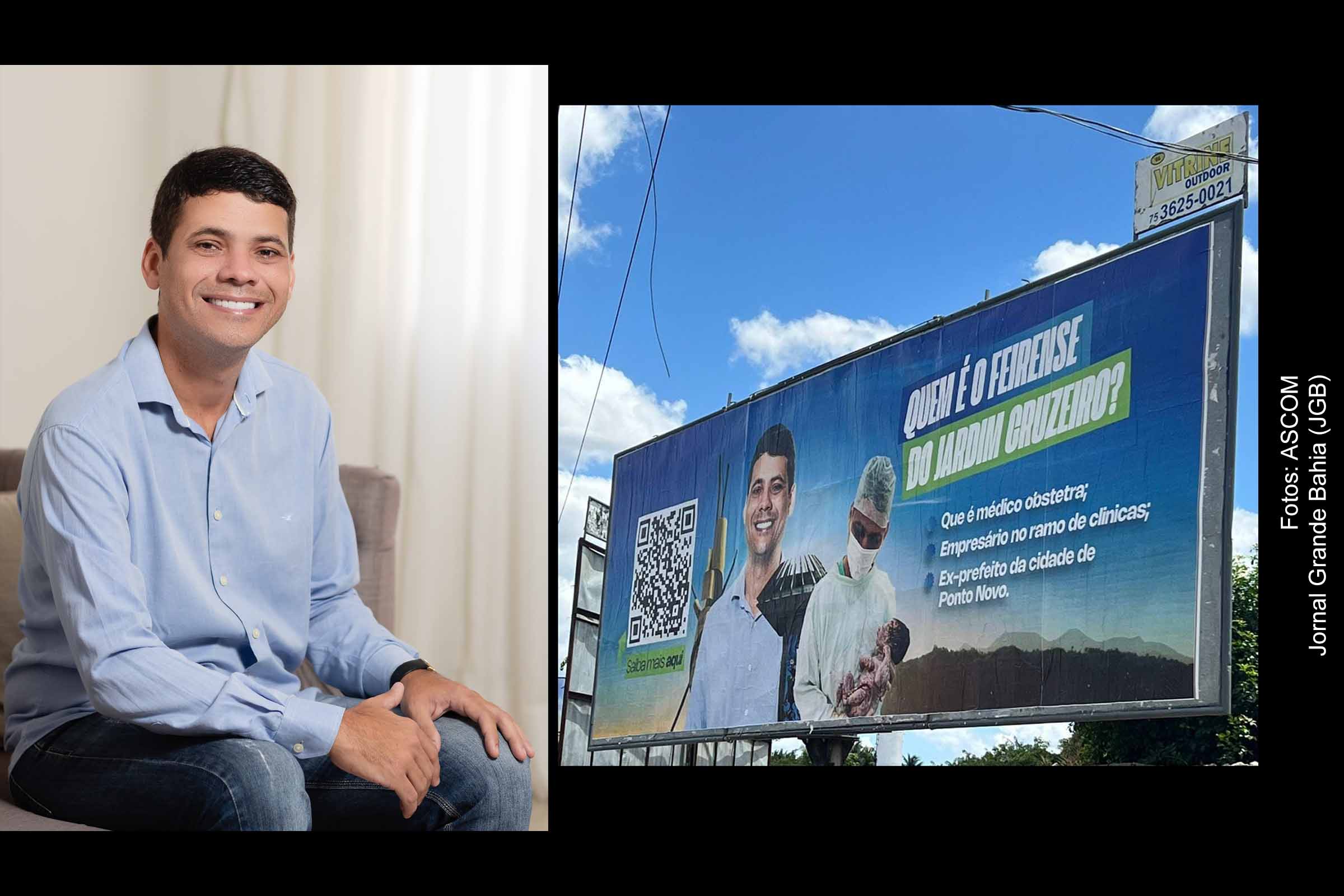 Outdoor em Feira de Santana revela o QR Code que leva à história inspiradora do médico Thiago Gilleno, destacando sua trajetória de sucesso.