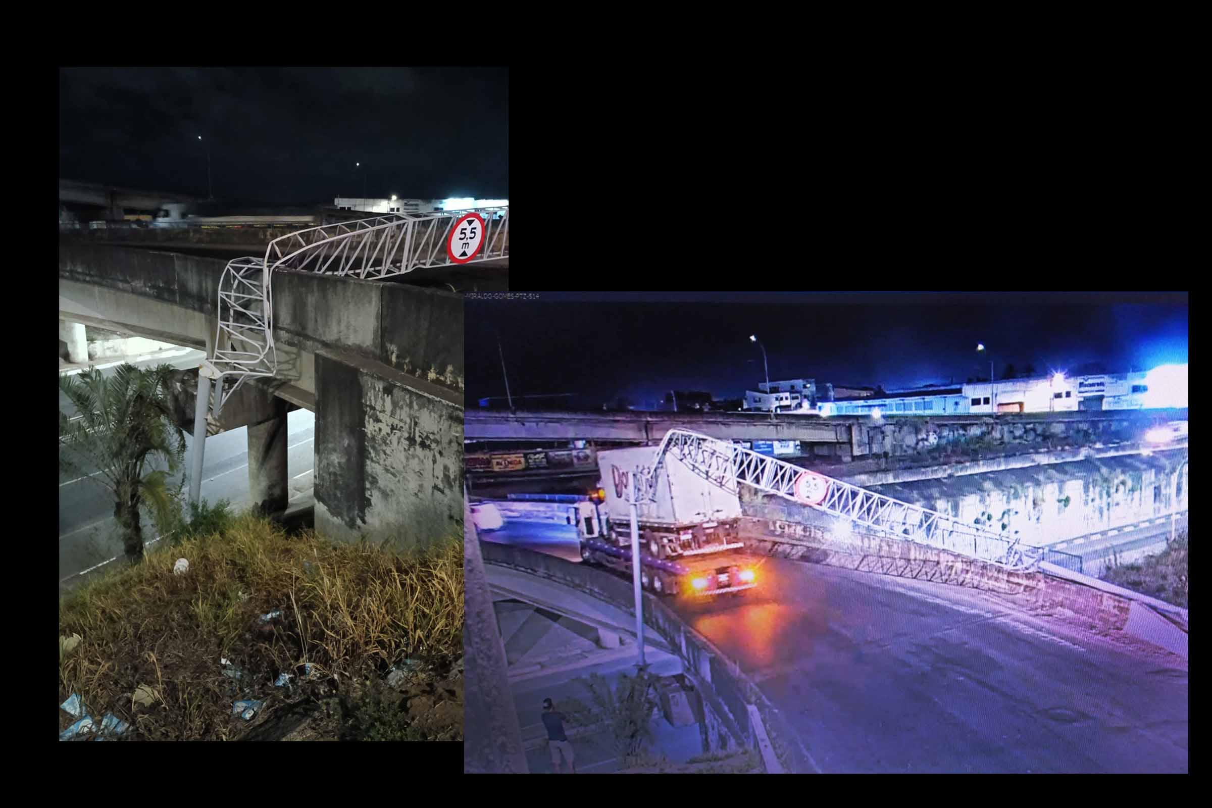 Prepostos da SMT e da SOMA de Feira de Santana atuaram na remoção dos destroços do pórtico de sinalização danificado, enquanto a Polícia Rodoviária Federal organizava o trânsito no local.
