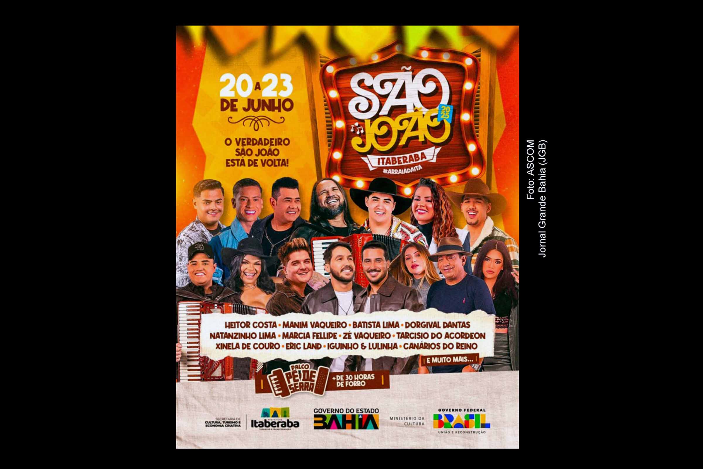 O São João 2025 de Itaberaba ocorrerá de 19 a 23 de junho na Praça do Coqueiro, com mais de 30 horas de shows em três palcos. Nomes como Dorgival Dantas, Márcia Fellipe, Tarcísio do Acordeon e Zé Vaqueiro integram a programação. A Prefeitura espera mais de 160 mil pessoas durante os cinco dias, com impacto significativo no turismo e comércio local.