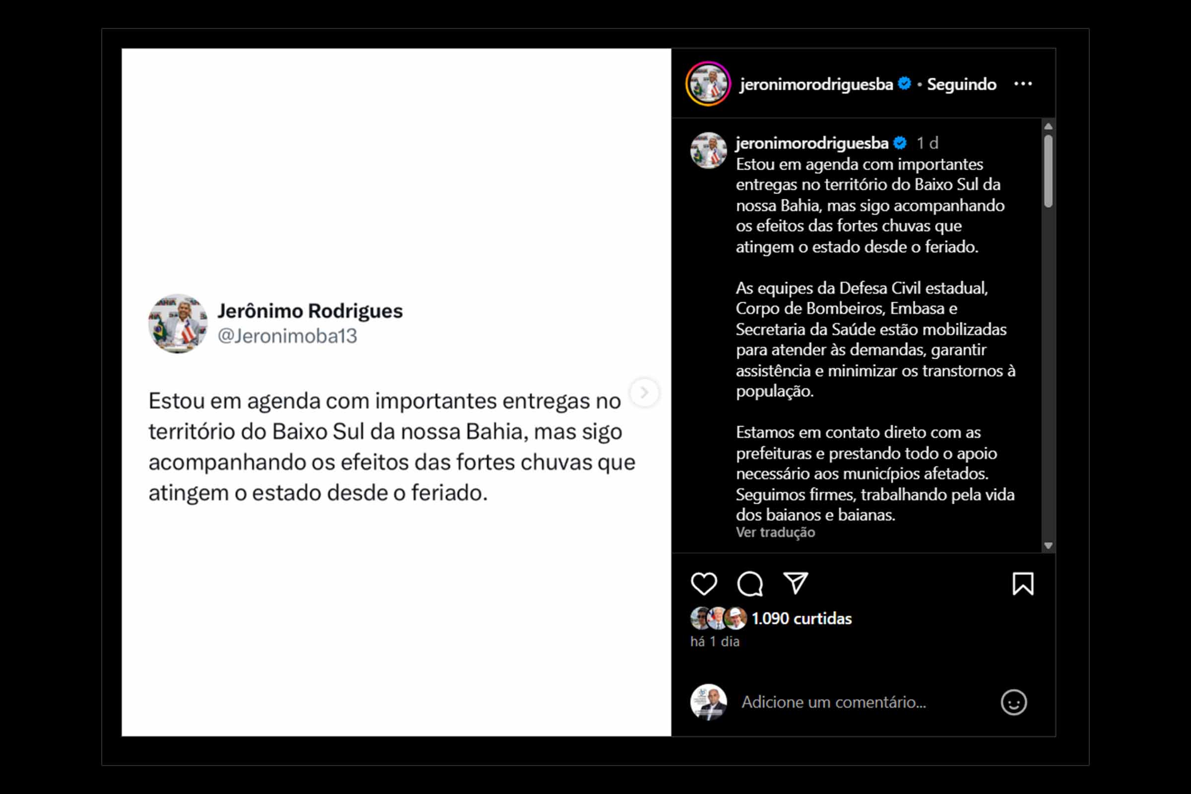 Neste domingo (04/05/2025), o governador Jerônimo Rodrigues esteve em Santo Amaro para acompanhar os impactos das fortes chuvas e da cheia do Rio Subaé. A ação incluiu entrega de kits de ajuda humanitária e reforço das ações da Defesa Civil. Ocorrências também foram registradas em outros 19 municípios. O governo da Bahia segue mobilizado para prestar assistência e monitorar os riscos em todo o estado.