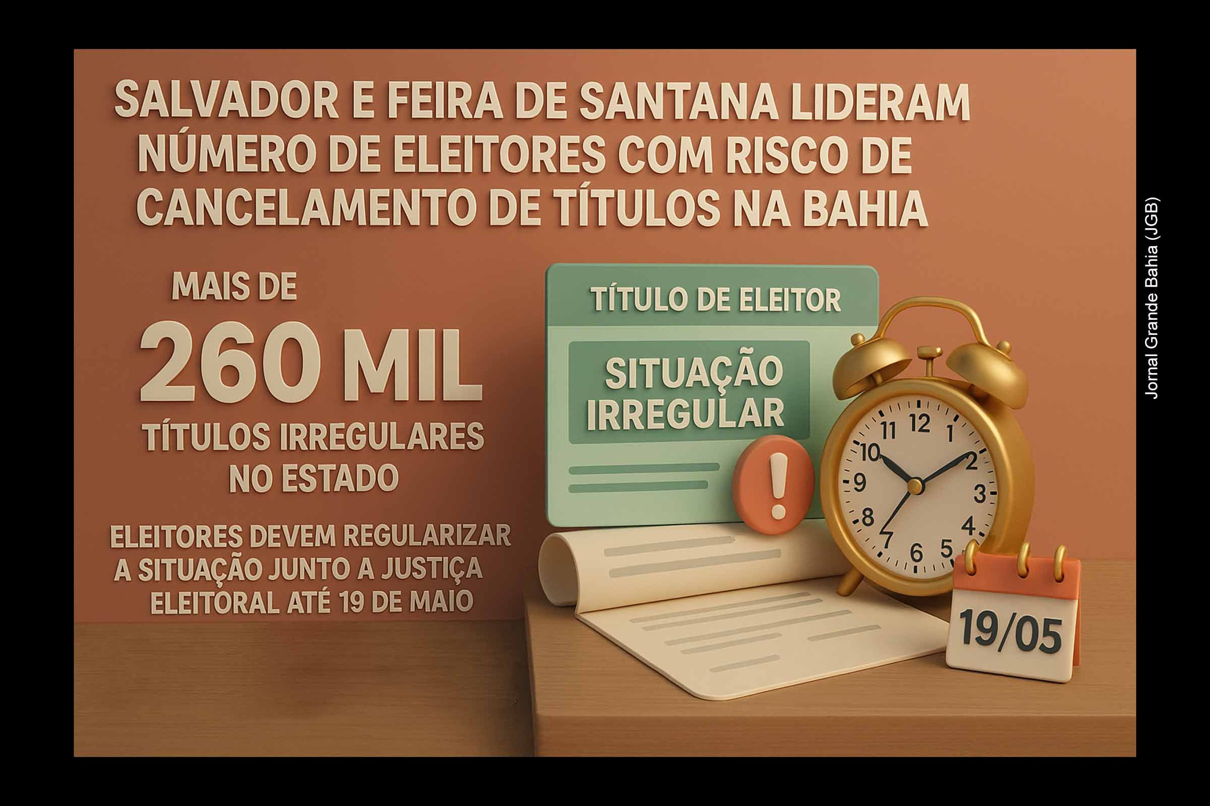Na terça-feira (13/05/2025), o TSE divulgou que Salvador lidera o número de eleitores com risco de cancelamento de título na Bahia, seguida por Feira de Santana, Vitória da Conquista e Camaçari. Mais de 260 mil títulos estão irregulares em todo o estado. O prazo para regularização vai até 19 de maio. A pendência pode ser resolvida via aplicativo e-Título, site do TSE ou nos cartórios eleitorais.
