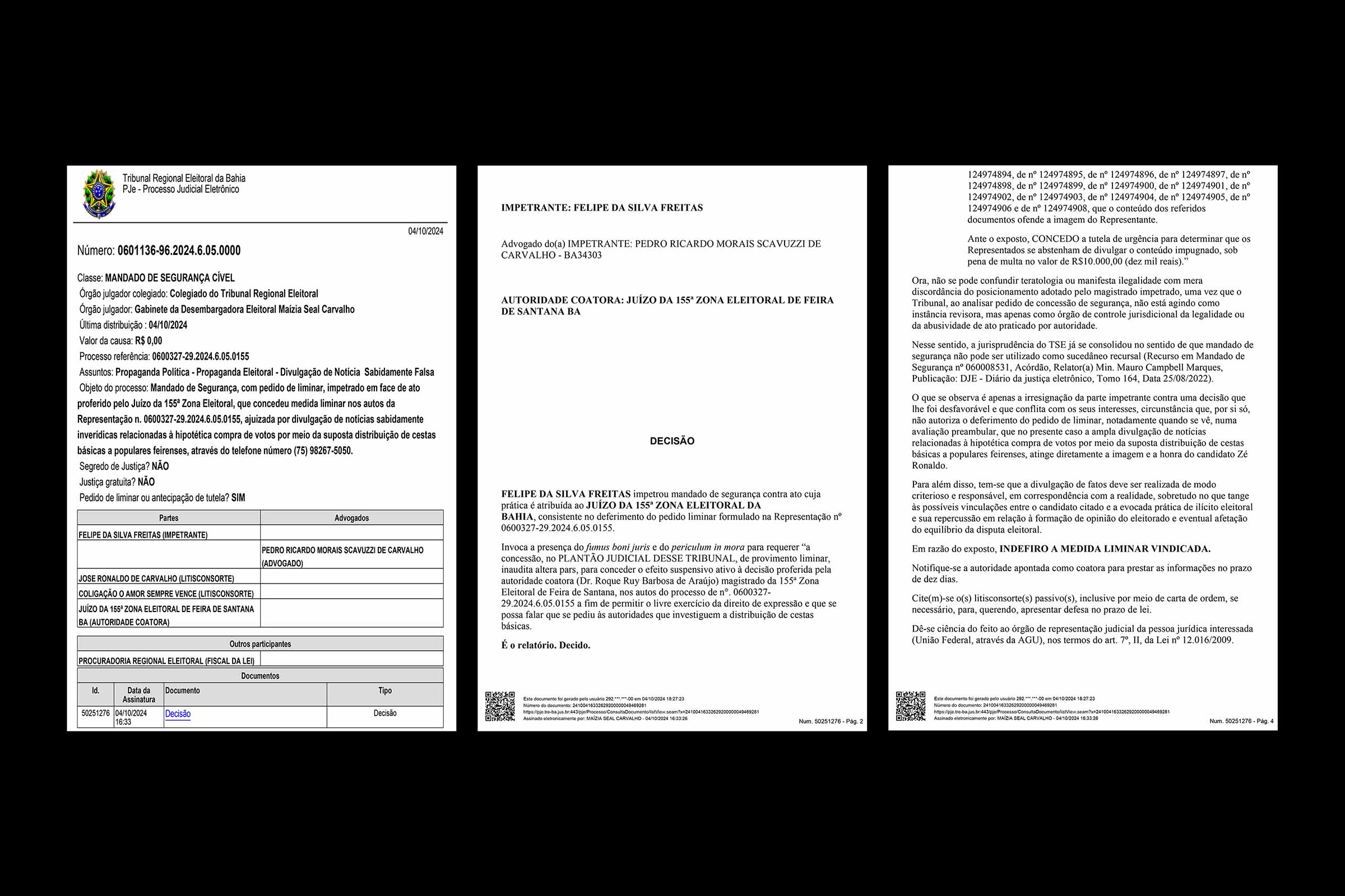A Justiça Eleitoral da Bahia manteve a decisão da 155ª Zona Eleitoral de Feira de Santana que proíbe a veiculação de vídeo com acusações não comprovadas de compra de votos. O TRE-BA, por meio de decisão da desembargadora Maízia Seal Carvalho, indeferiu mandado de segurança de Felipe Freitas, confirmando a multa de R$ 5 mil aplicada a ele e à Editora A Tarde. A decisão reforça o dever de responsabilidade na comunicação política.