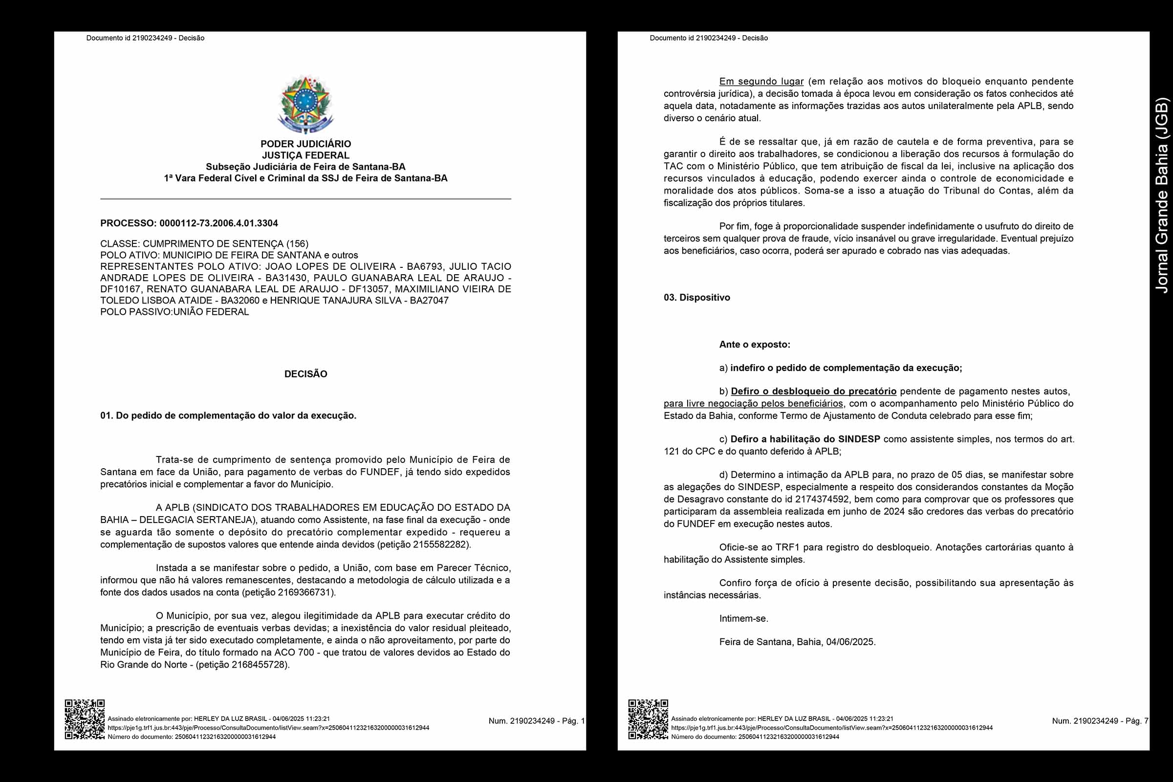 Justiça Federal libera precatório do FUNDEF ao Município de Feira de Santana após validar TAC com o MP; APLB sofre derrota