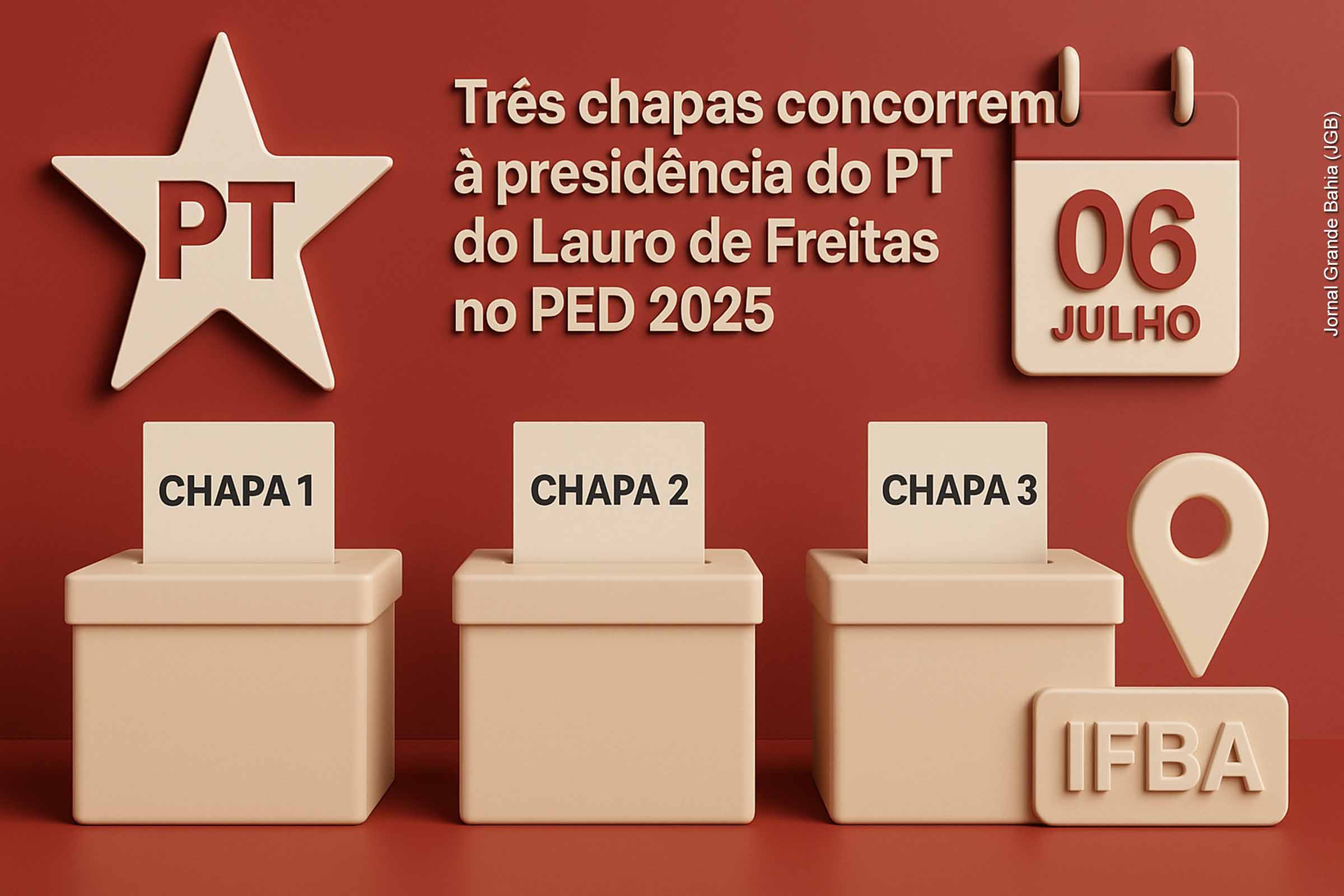 Três chapas concorrem à presidência do PT de Lauro de Freitas no PED 2025, marcado para sábado, 6 de julho, no IFBA local. Os grupos liderados por Léo e Marzo, Lula Maciel e Naide Brito apresentam projetos distintos para o futuro do partido, com diferentes apoios estaduais. A eleição representa momento decisivo para a reorganização política do PT no município.