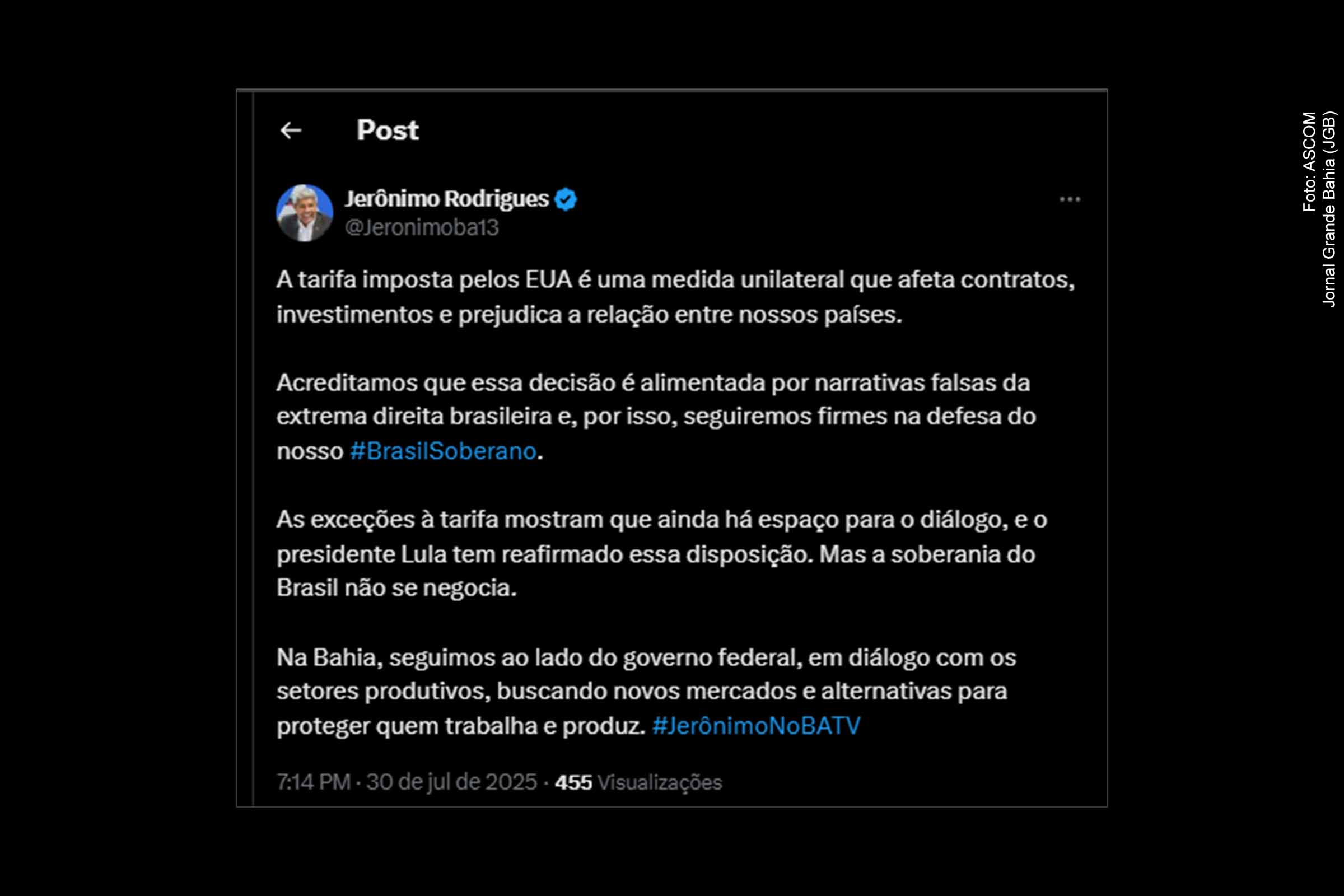 Governador baiano reforça articulação nacional para enfrentar barreiras comerciais dos EUA e preservar empregos e investimentos no estado.