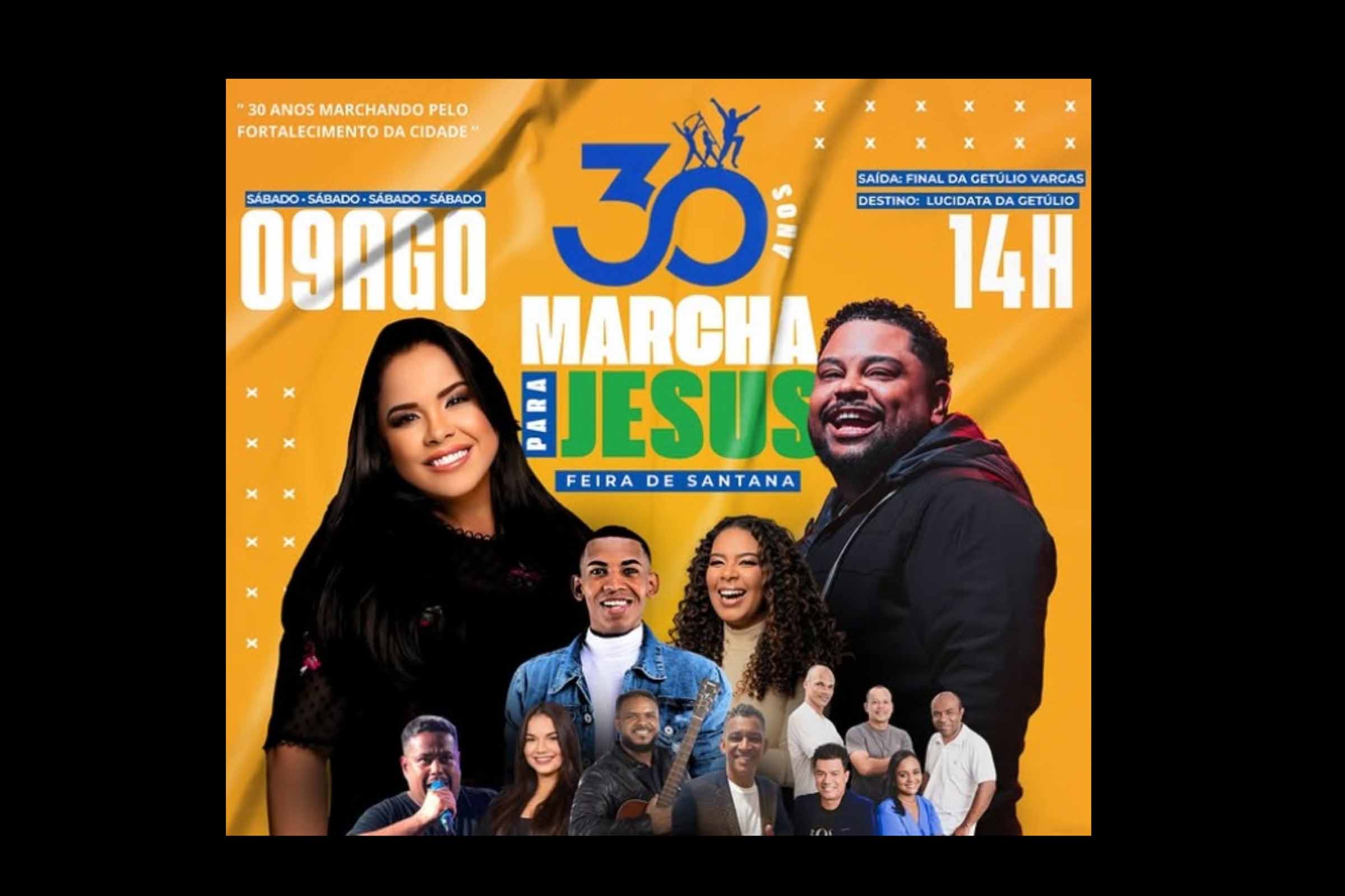 A 30ª Marcha Para Jesus acontece neste sábado (09/08/2025) em Feira de Santana, reunindo mais de 50 mil pessoas. O evento, com shows de Cassiane, Lukas Agustinho e outros artistas, segue pela Avenida Getúlio Vargas até o antigo terminal de ônibus. Com apoio da Prefeitura e igrejas locais, a marcha reforça a tradição de celebração da fé cristã na cidade.