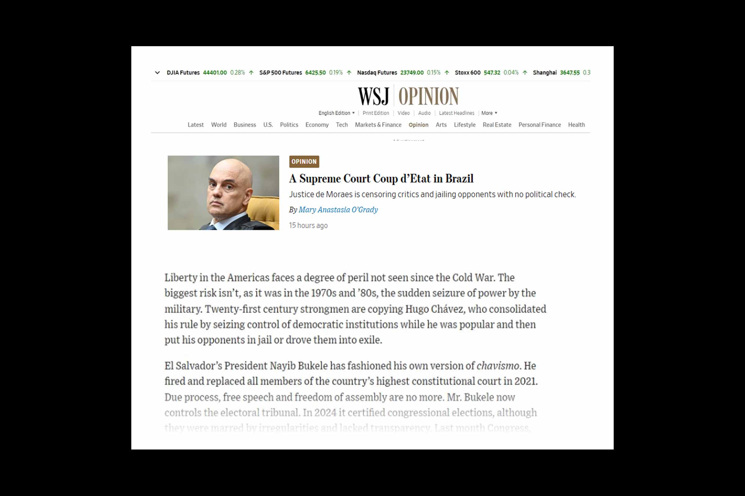 Colunista do Wall Street Journal acusa STF de ‘Golpe de Estado’ e critica atuação de Alexandre de Moraes