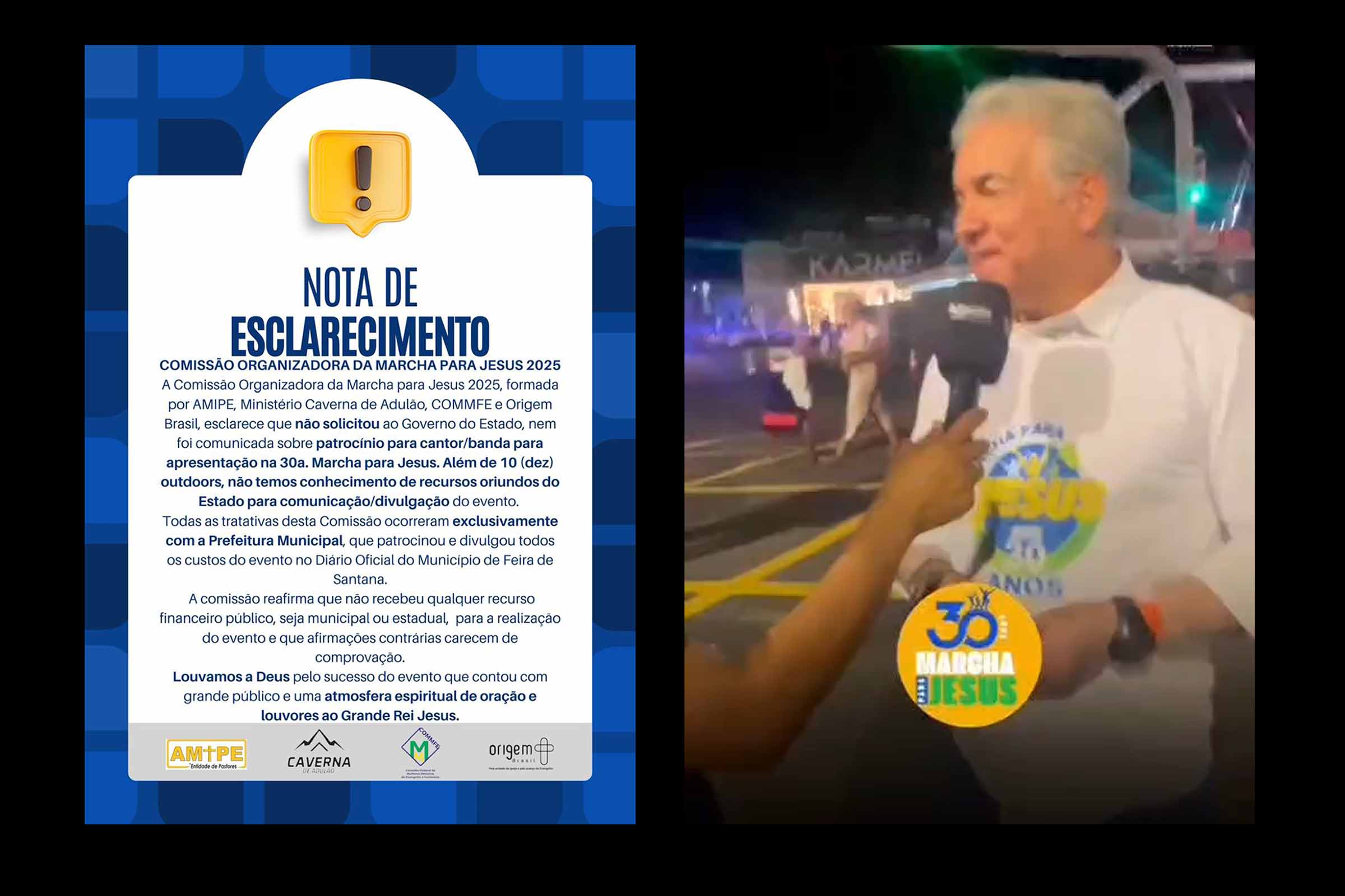Nesta segunda-feira (11/08/2025), a Comissão Organizadora da 30ª Marcha para Jesus, em Feira de Santana, contestou declarações do deputado federal Zé Neto (PT) sobre supostos repasses do Governo da Bahia ao evento. Em nota pública, as entidades responsáveis negaram aporte estadual além da cessão de dez outdoors, afirmando que os custos foram assumidos pelo município e destacando a ausência de comprovação documental para as cifras citadas pelo parlamentar.