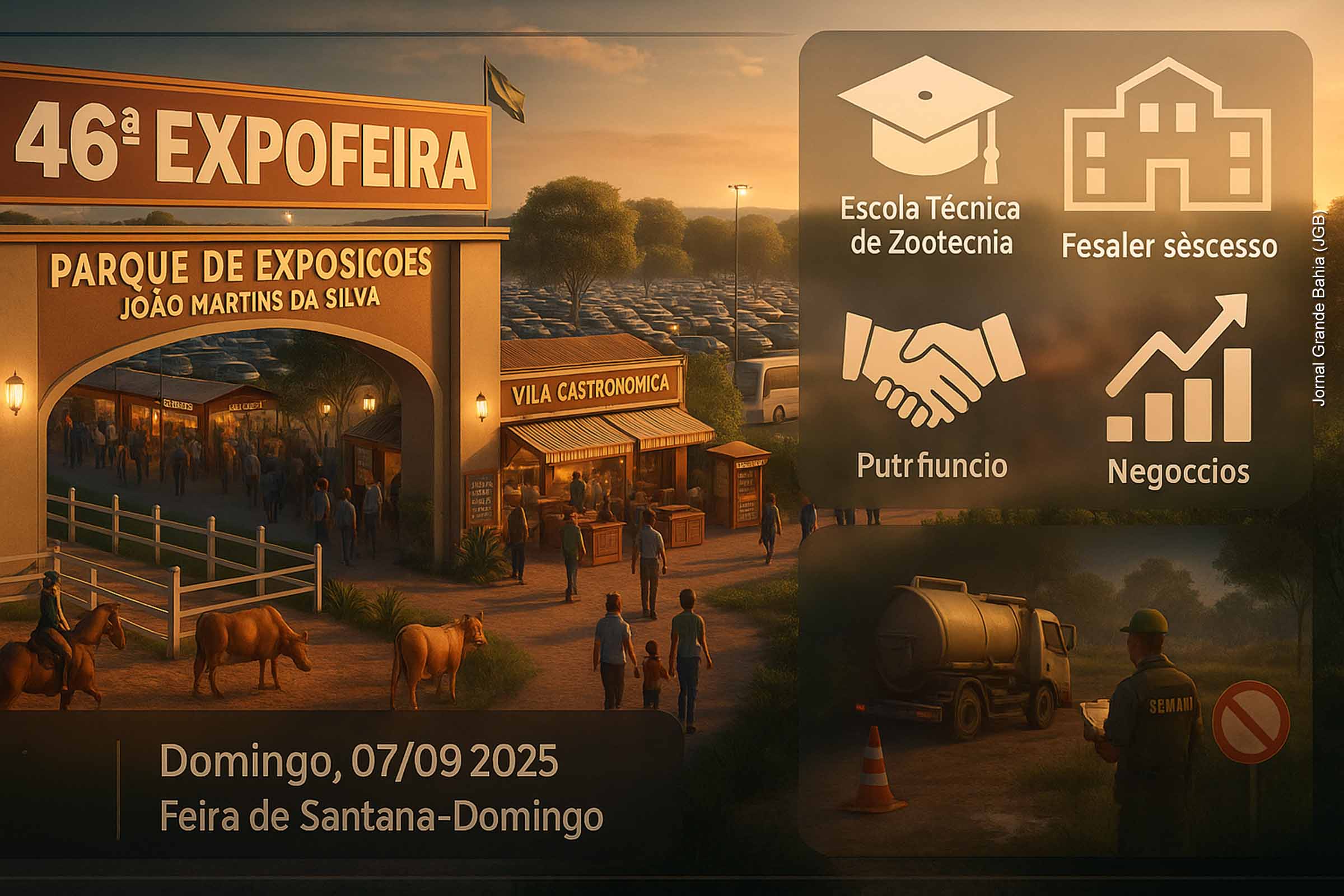 A 46ª Expofeira de Feira de Santana foi aberta neste domingo (07/09/2025) com a presença de autoridades e anúncios de investimentos no Parque João Martins da Silva. Entre as novidades estão 1.500 vagas de estacionamento, espaço para equinos e a implantação de uma escola técnica de Zootecnia. O evento deve atrair mais de 300 mil visitantes até 14 de setembro. Paralelamente, a prefeitura registrou infração ambiental por descarte irregular de esgoto.