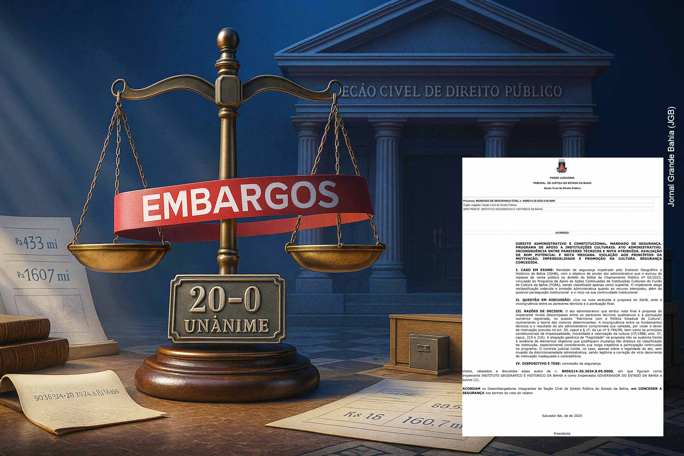 Após vitória unânime no TJBA, o IGHB enfrenta Embargos do Governo da Bahia, classificados como medida protelatória pela entidade. O Instituto alerta que a suspensão dos repasses compromete 85% de sua receita anual, colocando em risco acervos históricos de relevância nacional. A decisão judicial havia reconhecido vício administrativo no edital e determinado a reinclusão imediata da entidade no programa de apoio à cultura.