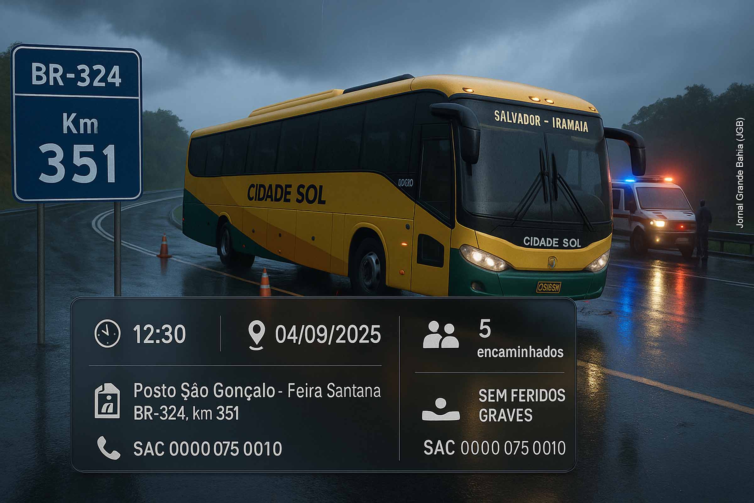 Um ônibus da Cidade Sol tombou na BR-324, em Feira de Santana, nesta quinta-feira (04/09/2025), deixando passageiros com ferimentos leves. O veículo transportava 21 pessoas, das quais cinco foram encaminhadas ao Hospital Clériston Andrade. A empresa enviou equipes ao local, prestou assistência e reafirmou seu compromisso com a segurança, enquanto autoridades apuram as causas do acidente.