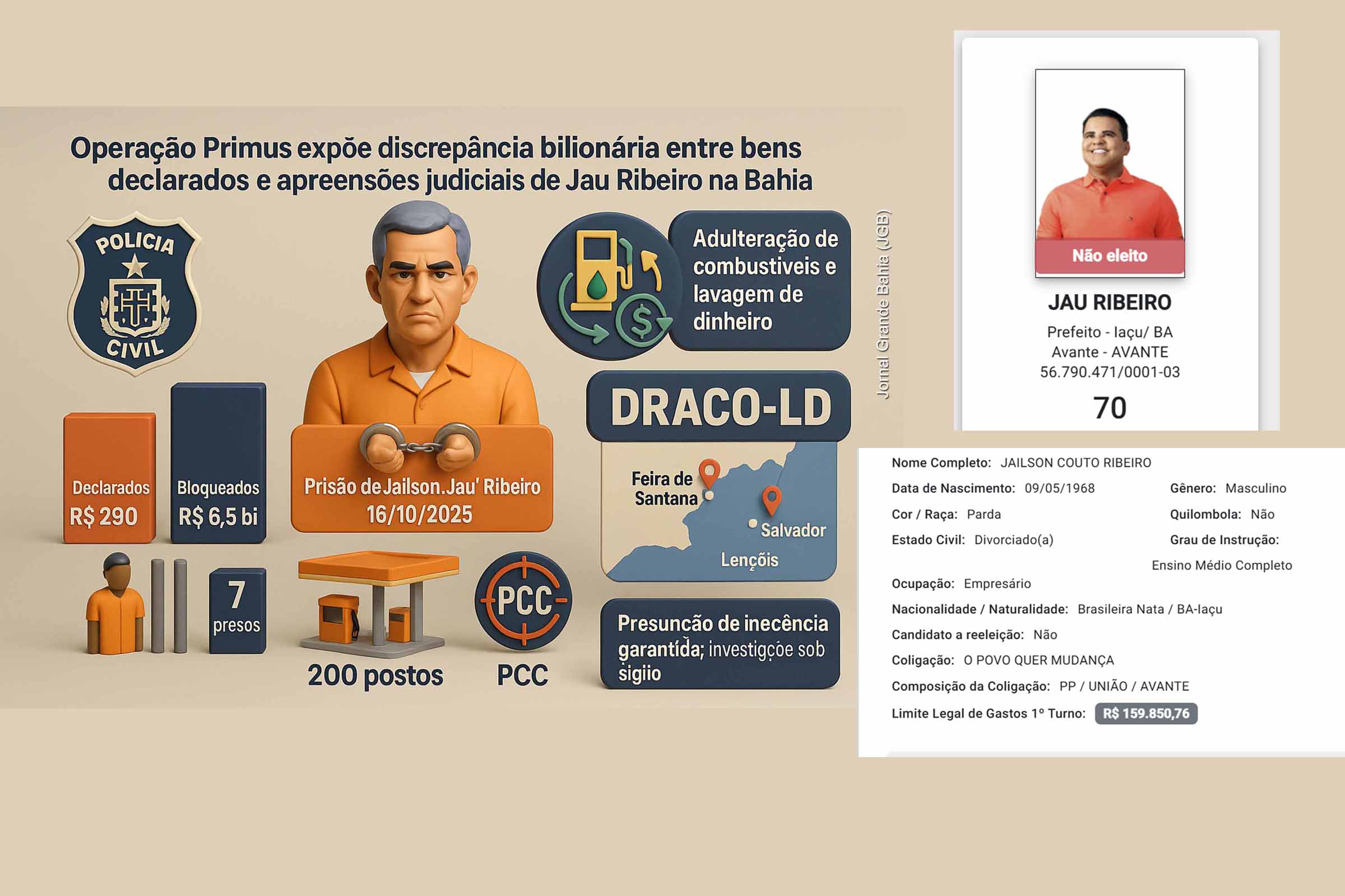 Operação Primus revela aparente descompasso entre declaração eleitoral e apreensões judiciais e prisão envolvendo Jau Ribeiro na Bahia