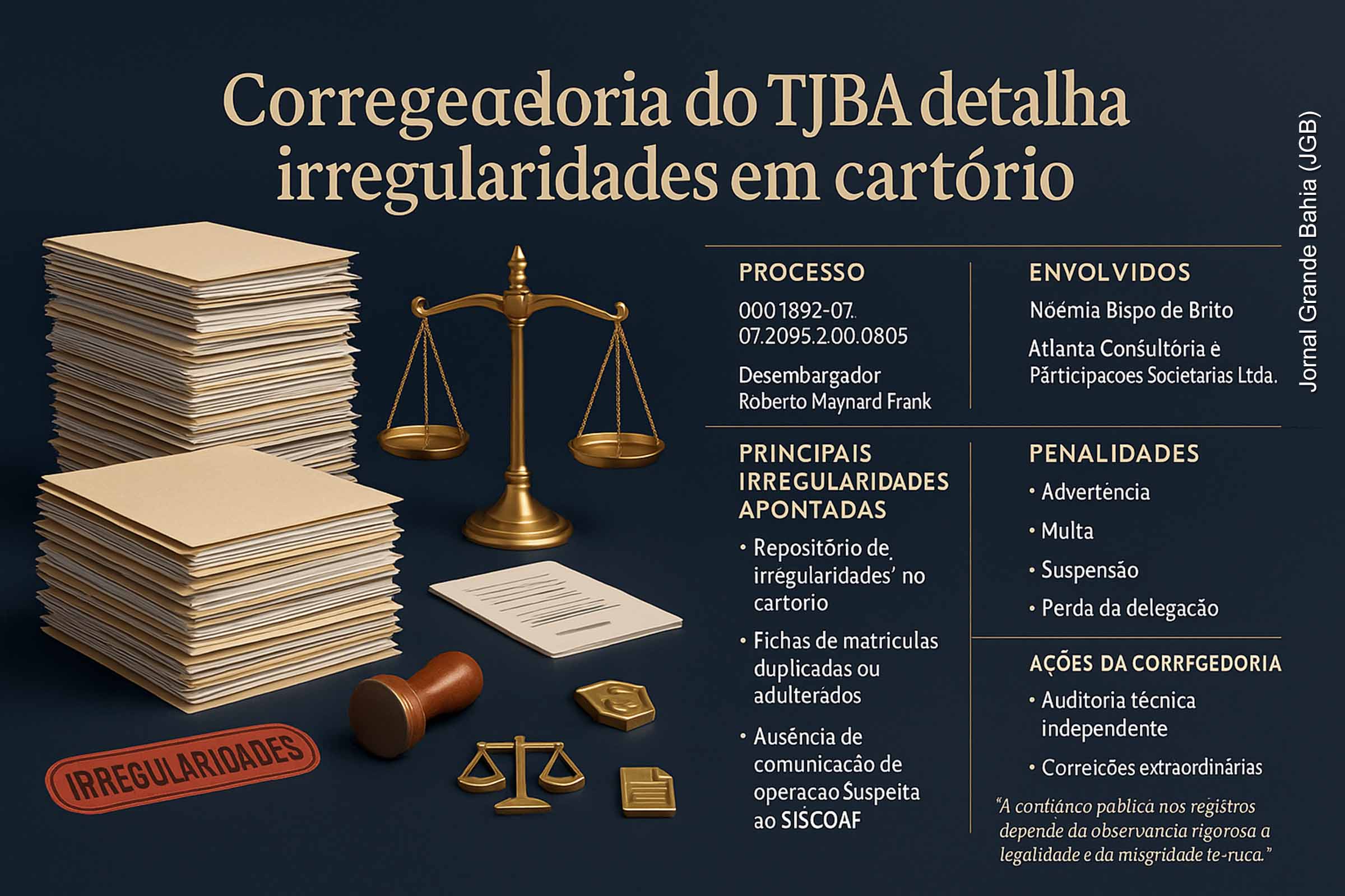 A decisão da Corregedoria-Geral da Justiça da Bahia, datada de 16/10/2025 e assinada pelo desembargador corregedor Roberto Maynard Frank, detalha as irregularidades praticadas pela delegatária Noêmia Bispo de Brito no cartório de Barreiras, no âmbito do PAD nº 0001892-07.2025.2.00.0805. O órgão identificou manipulação documental, omissão de comunicações financeiras e falhas em compliance, mantendo em curso o processo que pode resultar na perda da delegação pública.