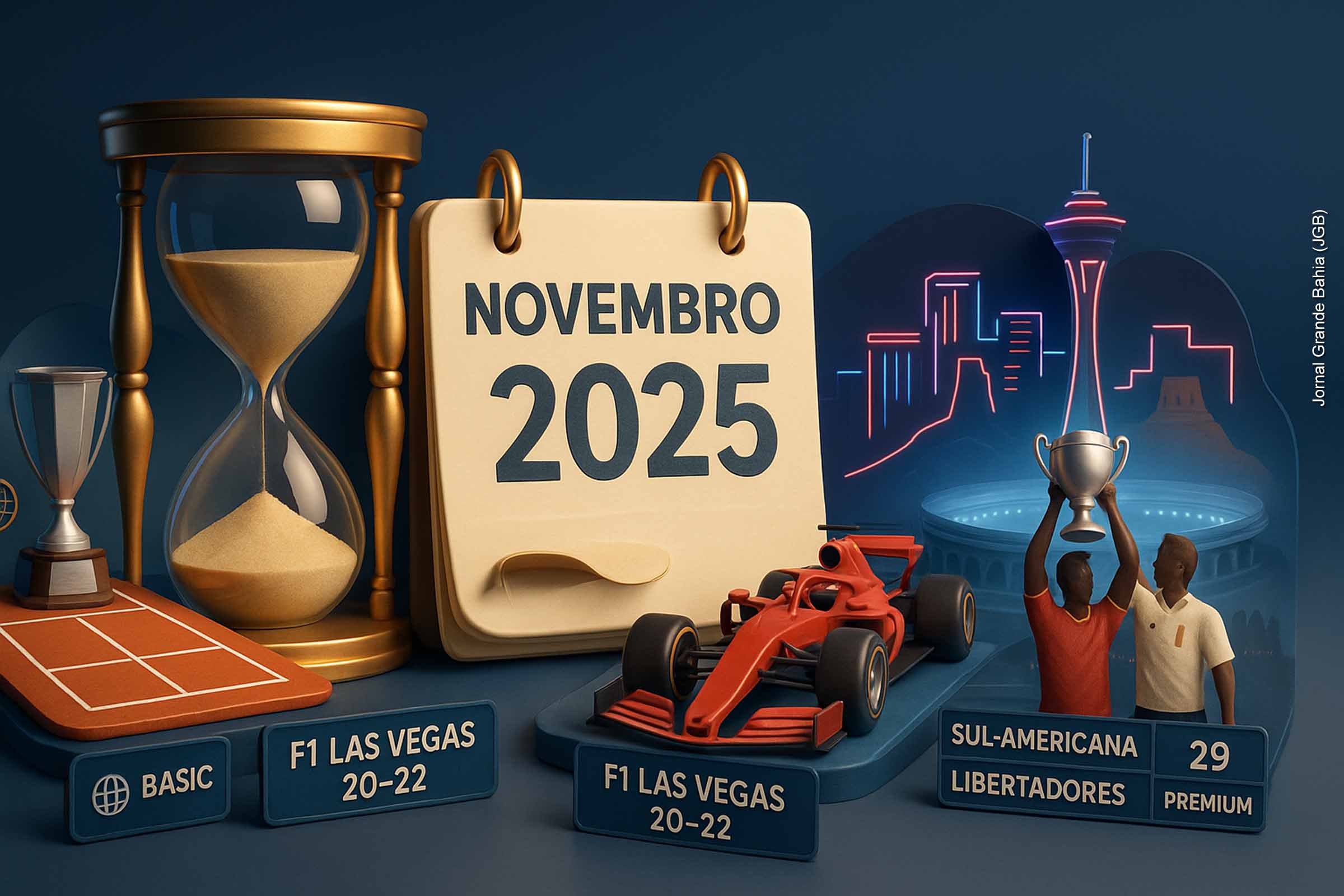 Novembro de 2025 será marcado por grandes emoções esportivas, com as Finais do ATP entre 9 e 16, o GP de Las Vegas de 20 a 22 e as decisões da CONMEBOL Sul-Americana (22) e Libertadores (29). Tenistas, pilotos e clubes históricos disputam títulos e glórias em um mês que sintetiza o melhor do esporte mundial.