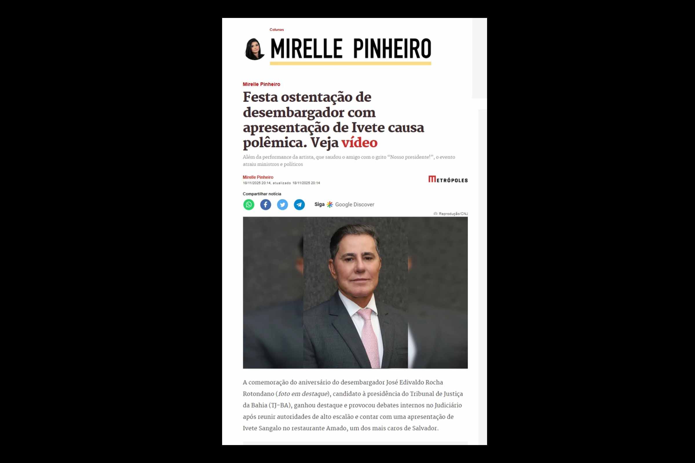 Ivete canta “Nosso presidente!” em festa luxuosa no Amado e evento com autoridades expõe crise e suspeitas na eleição do TJBA; Reportagem do Metrópoles cita desembargador Edivaldo Rotondano