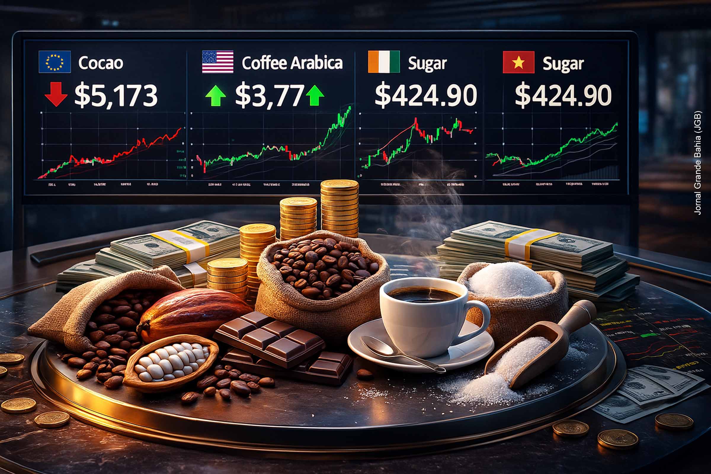 Cacau recua ao menor nível em quase dois anos; café arábica sobe e açúcar registra leve alta nas bolsas internacionais