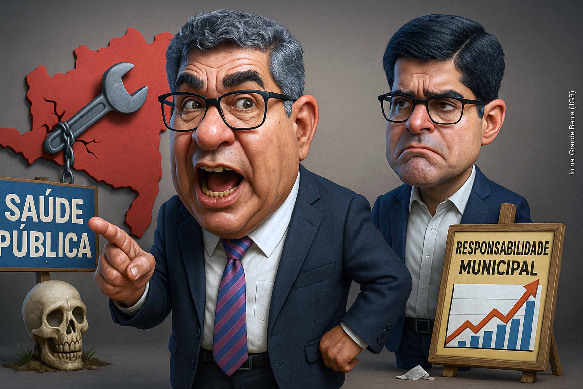 Caricatura satírica retrata o embate político entre Rosemberg Pinto e ACM Neto, simbolizando as acusações de sabotagem na saúde pública e disputas sobre responsabilidades municipais na Bahia.