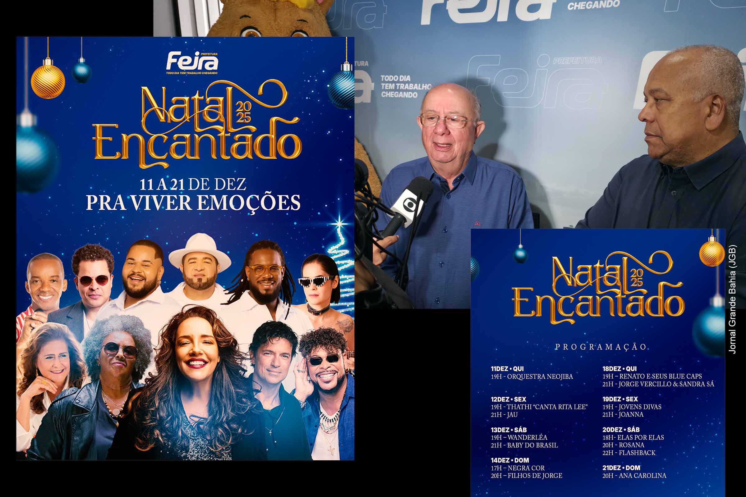 A Prefeitura de Feira de Santana apresentou o Natal Encantado 2025, que ocorrerá de 11 a 21 de dezembro com programação concentrada em dois fins de semana. O prefeito José Ronaldo detalhou atrações nacionais, grupos locais e reforço da iluminação natalina, que será instalada até 10 de dezembro. Com apoio de R$ 1 milhão da CETUR e foco na família, o evento busca fortalecer o comércio e manter a tradição cultural da cidade.