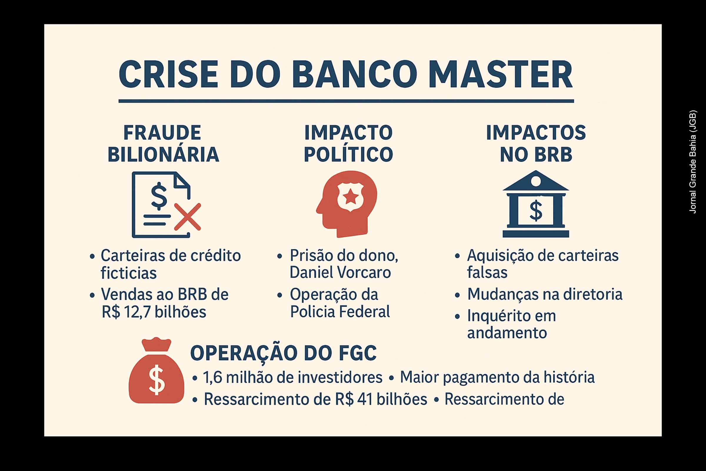 A liquidação do Banco Master revelou uma fraude bilionária envolvendo carteiras inexistentes vendidas ao BRB, resultando na prisão de Daniel Vorcaro e na deflagração da maior operação de ressarcimento da história do FGC. A crise provocou mudanças no BRB, mobilizou mais de 1,6 milhão de investidores e gerou forte impacto político em Brasília após a apreensão do celular do controlador da instituição, ampliando o alcance das investigações.
