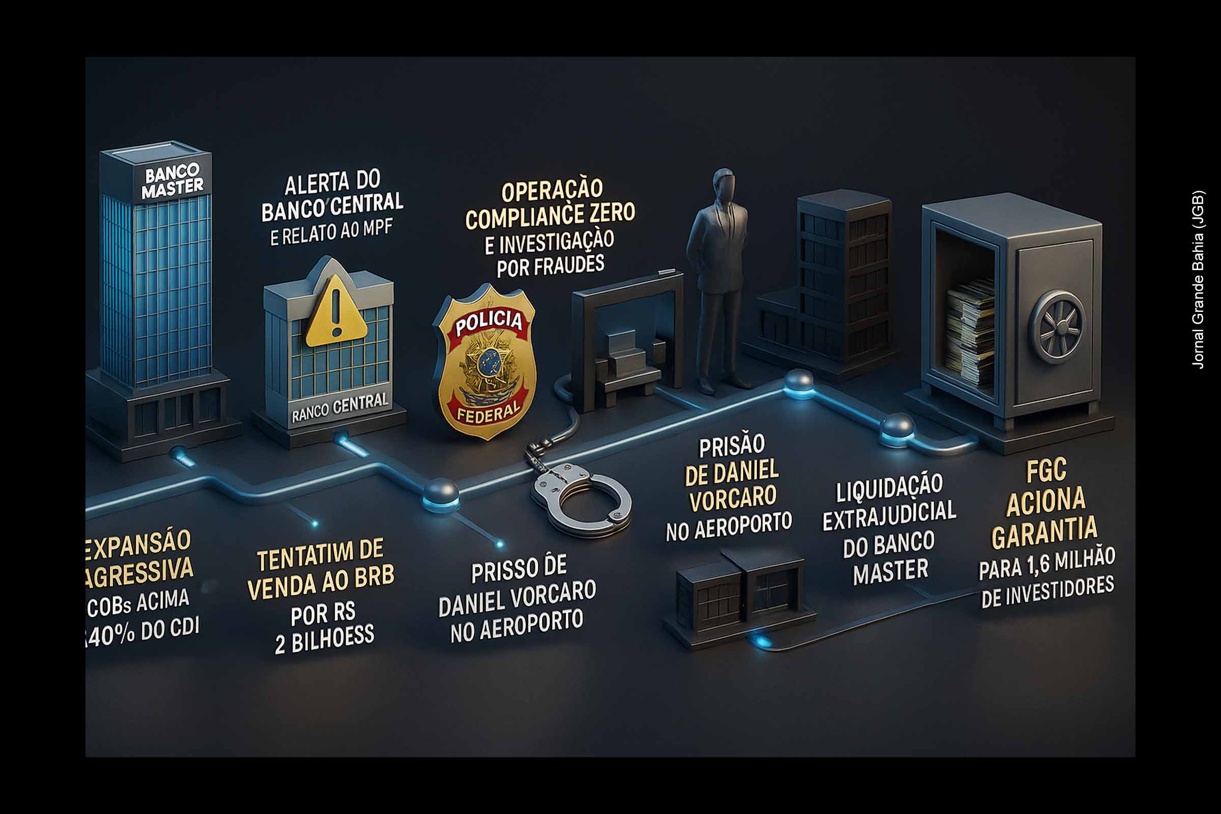A crise do Banco Master, culminando na liquidação extrajudicial e na prisão de Daniel Vorcaro, revelou um esquema de fraudes financeiras estimado em R$ 12 bilhões, envolvendo títulos simulados, triangulação contábil e operações questionadas com o BRB. O FGC será responsável por ressarcir 1,6 milhão de investidores, enquanto investigações avançam sobre ex-sócios, conexões políticas e falhas regulatórias. O caso reacende o debate sobre o equilíbrio entre inovação financeira, supervisão estatal e estabilidade do sistema bancário.