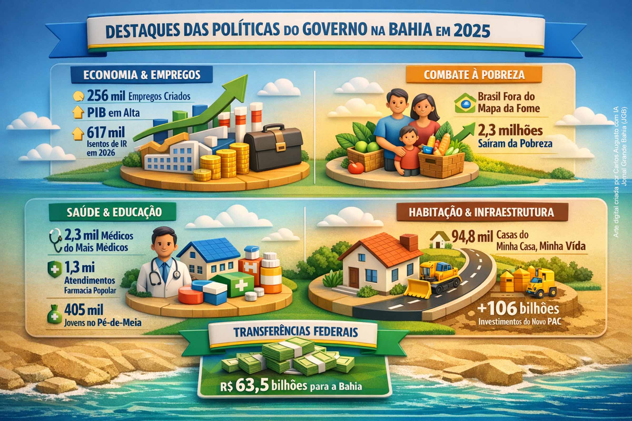 Ao encerrar 2025, o Governo Lula apresenta um balanço marcado pela redução histórica da pobreza, expansão do emprego formal e forte presença de políticas federais na Bahia, com resultados que incluem 2,3 milhões de pessoas fora da pobreza, 256 mil vagas formais criadas desde 2023, avanços expressivos em saúde e educação e investimentos superiores a R$ 106 bilhões em infraestrutura por meio do Novo PAC.