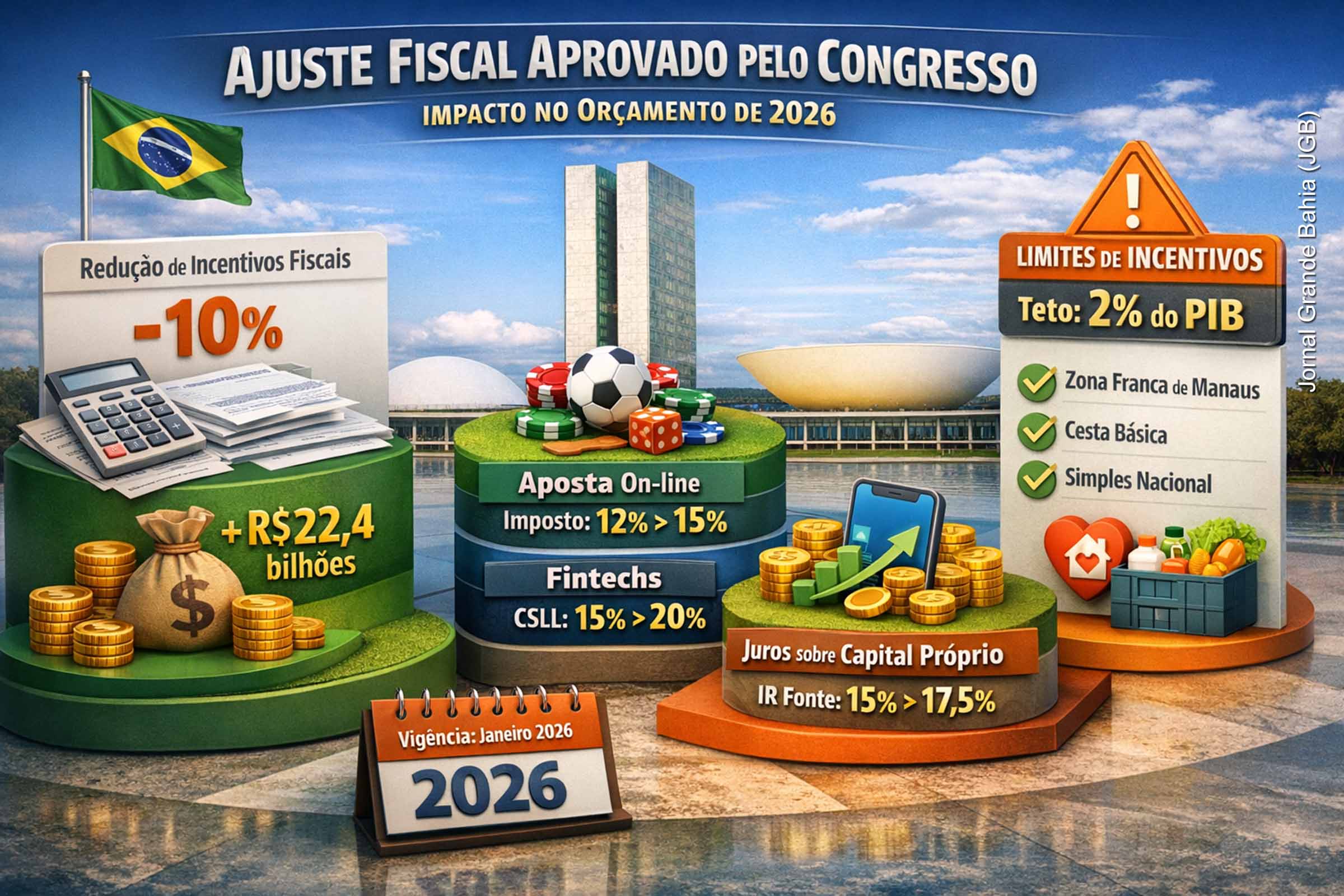 O Congresso aprovou o projeto que reduz incentivos fiscais em 10% e eleva tributos sobre apostas on-line, fintechs e juros sobre capital próprio, visando reforçar o Orçamento de 2026. A medida pode gerar R$ 22,4 bilhões, estabelece limites para novos benefícios, endurece regras de fiscalização e preserva exceções constitucionais e programas sociais estratégicos.