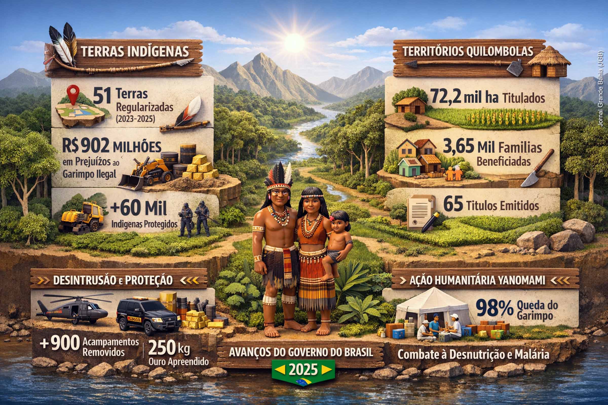 Em 2025, o Governo do Brasil avançou na proteção territorial e na garantia de direitos de povos indígenas e comunidades quilombolas. A retomada das demarcações, operações de desintrusão, regularização fundiária e ações humanitárias reduziram conflitos, combateram crimes ambientais e ampliaram a presença do Estado. Apesar dos resultados expressivos, a consolidação dessas políticas depende da continuidade institucional e da prevenção de retrocessos.