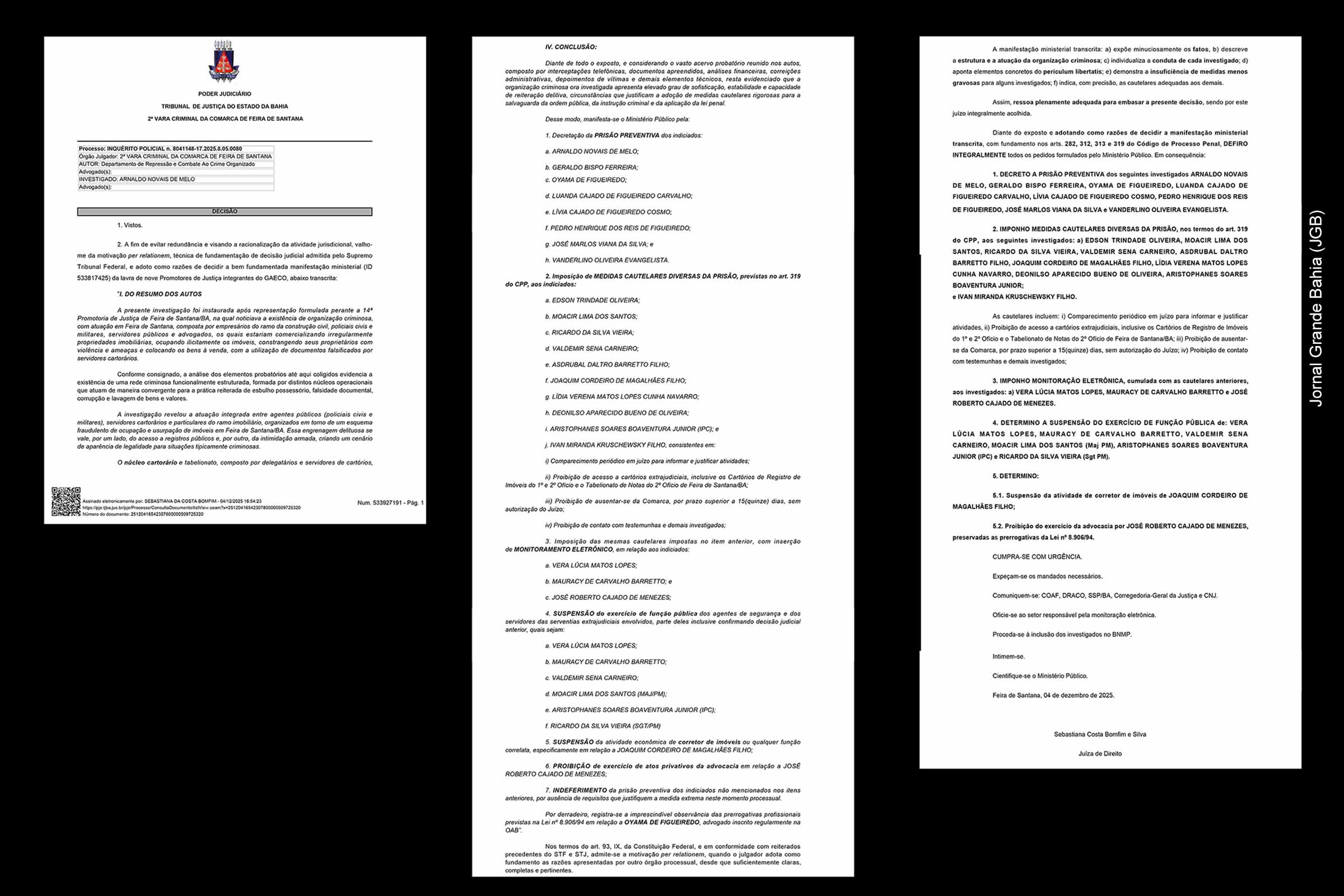 Decisão da 2ª Vara Criminal de Feira de Santana no âmbito da Operação Sinete, proferida em 4 de dezembro de 2025.