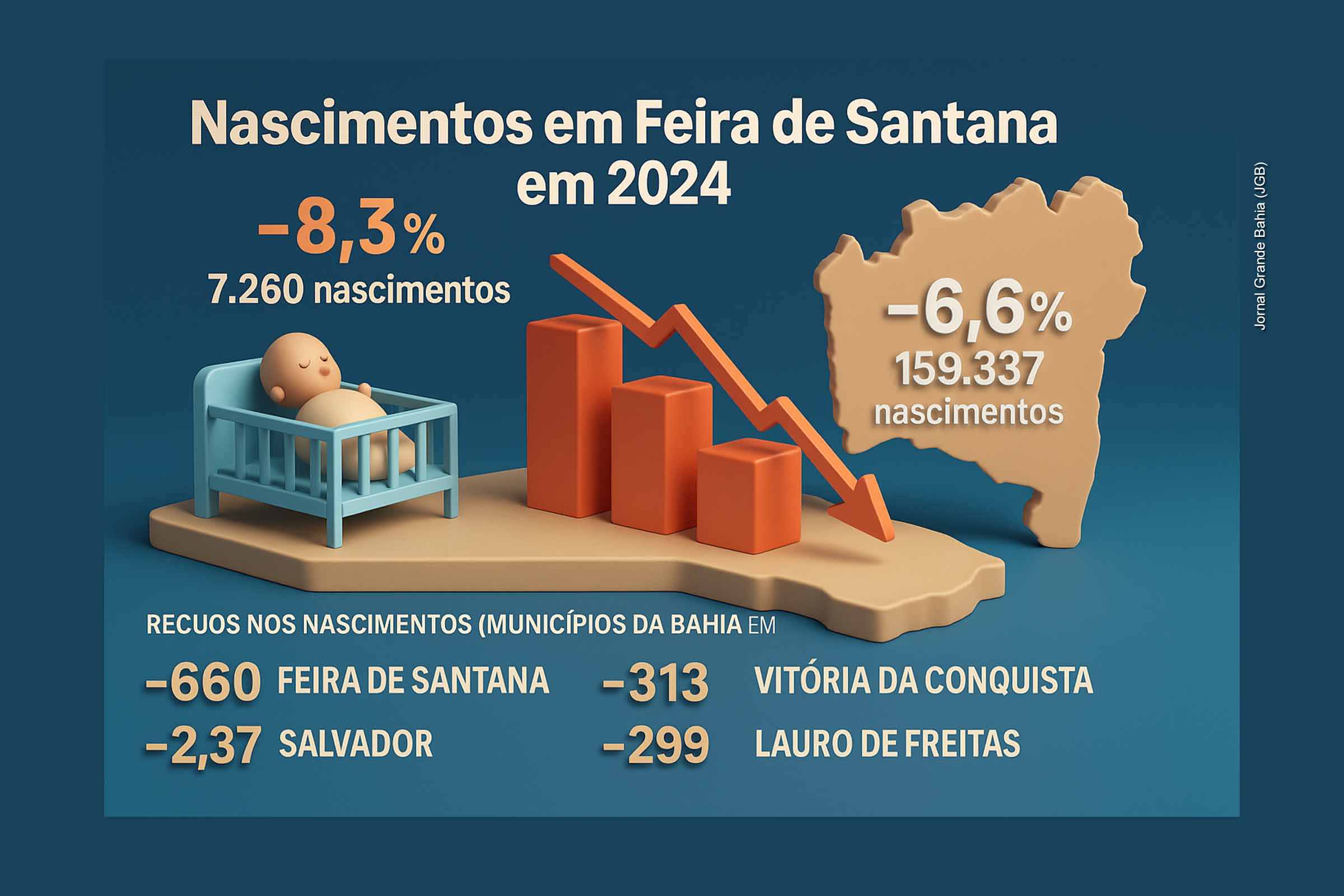 Feira de Santana teve queda de 8,3% nos nascimentos em 2024, com 7.260 registros, a segunda maior redução absoluta da Bahia. O estado teve retração geral de 6,6% e registrou o menor nível em 50 anos, refletindo um processo de transição demográfica. Em comparação com outras cidades, Feira acompanha a tendência das grandes regiões urbanas, indicando mudanças estruturais com impactos sociais futuros.
