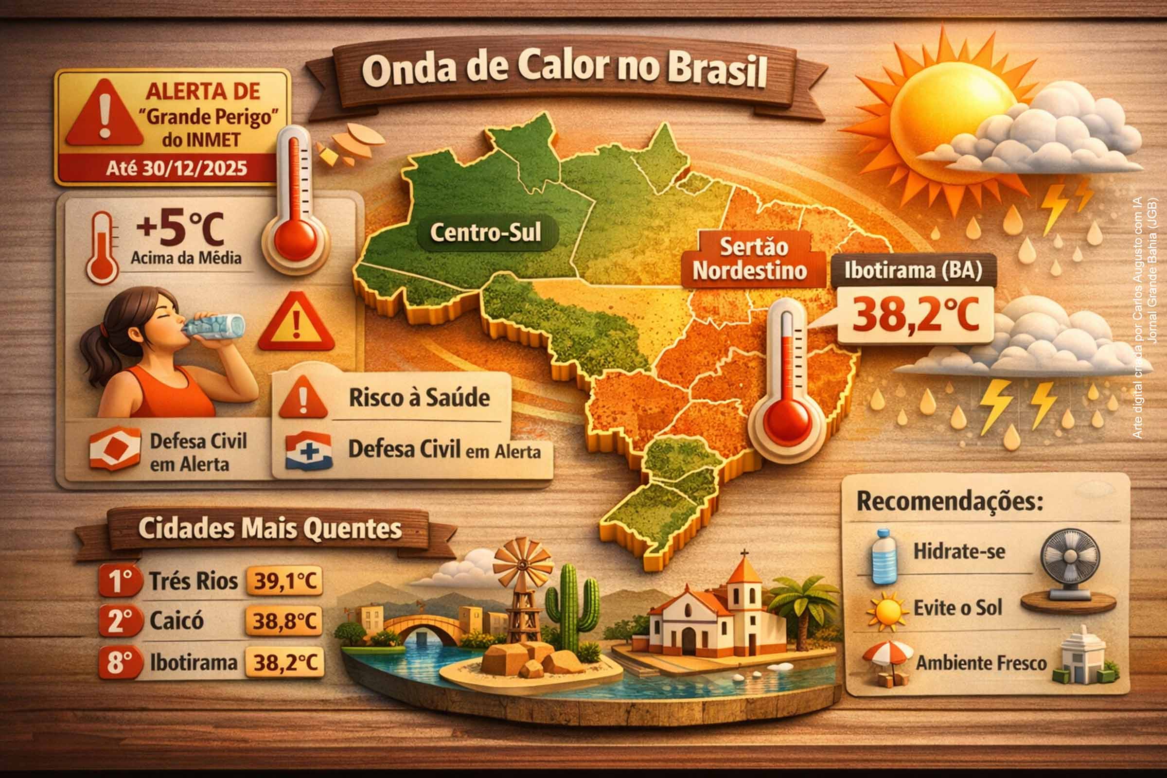 O Inmet mantém alerta de “grande perigo” para a onda de calor que atinge o Brasil até 30/12/2025. Com temperaturas persistentes e até 5 °C acima da média, cidades do Sudeste e do sertão nordestino concentram os maiores registros. Ibotirama (BA) figura entre as 10 mais quentes. O bloqueio atmosférico e a massa de ar quente explicam o fenômeno, que impõe riscos à saúde e exige medidas preventivas imediatas.
