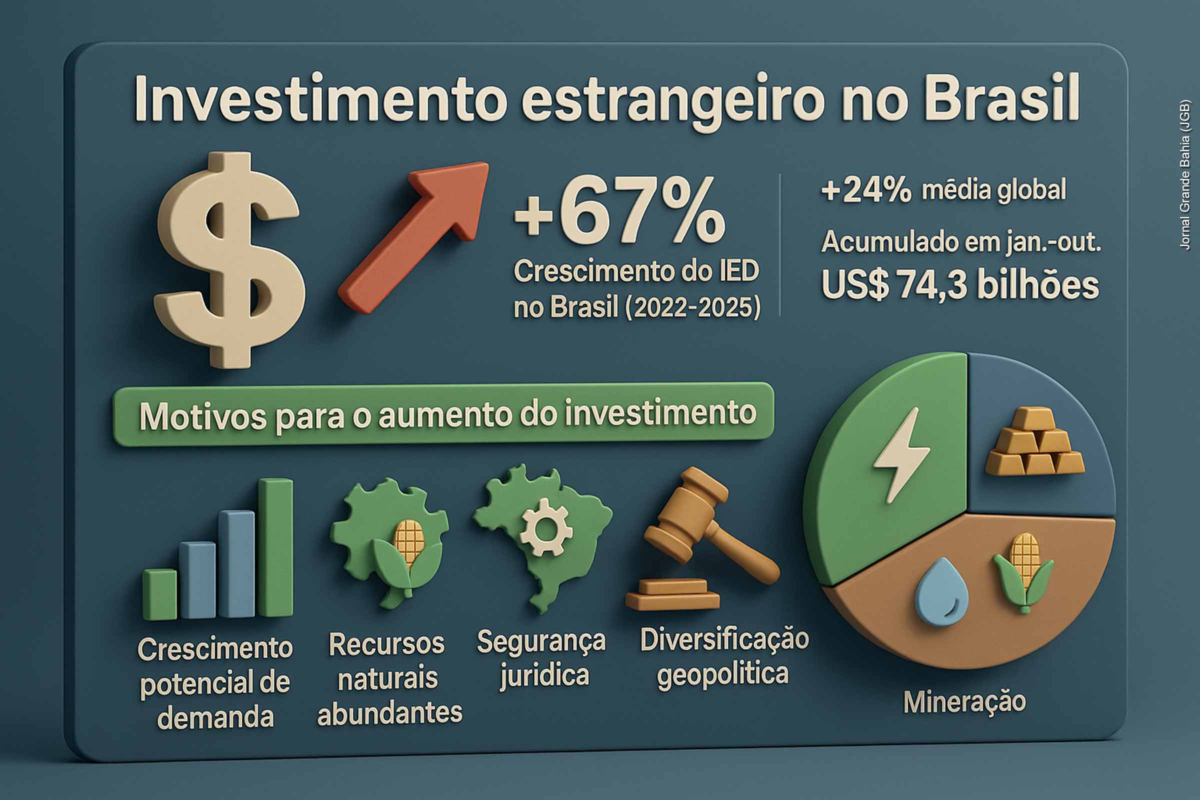 O Brasil registrou aumento de 67% no investimento estrangeiro entre 2022 e 2025, alcançando US$ 74,3 bilhões nos primeiros dez meses de 2025. O movimento é impulsionado por realocação global de cadeias produtivas e pelo potencial brasileiro em energia, mineração e agronegócio. Economistas destacam benefícios como tecnologia, empregos e infraestrutura, mas alertam para riscos de concentração em commodities. A manutenção da alta exige estabilidade regulatória, política industrial e inovação.