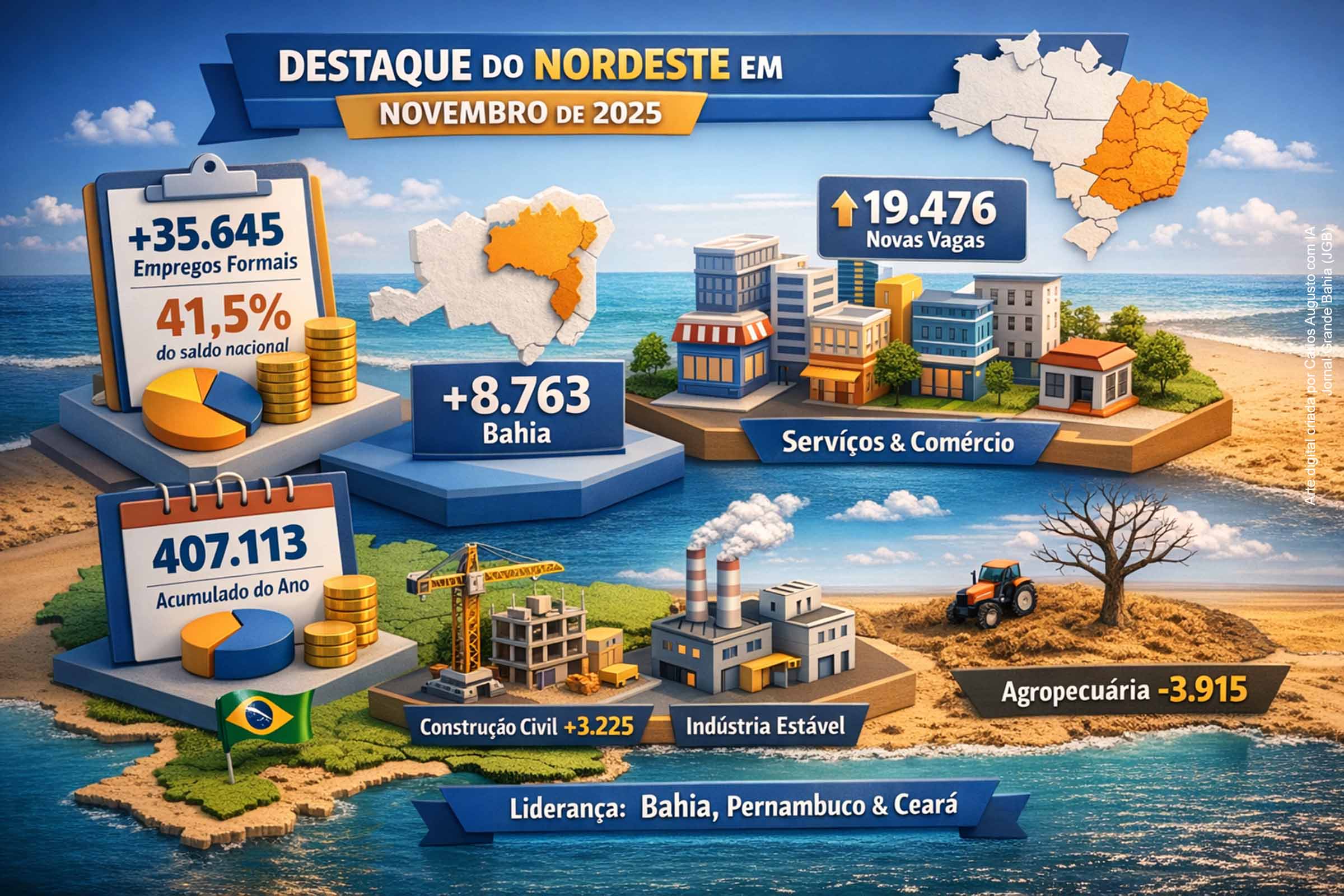 Nordeste responde por 41,5% do saldo nacional de empregos formais em novembro de 2025; Bahia lidera geração de vagas